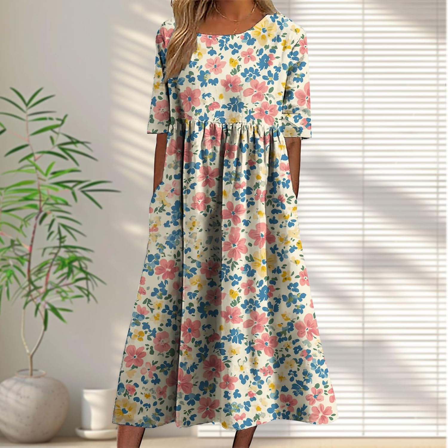 Dress for Maternity Women Vintage Boho Stylish Floral Graphic Short Sleeve Summer Beach Maxi Dress with Pockets - Image 2