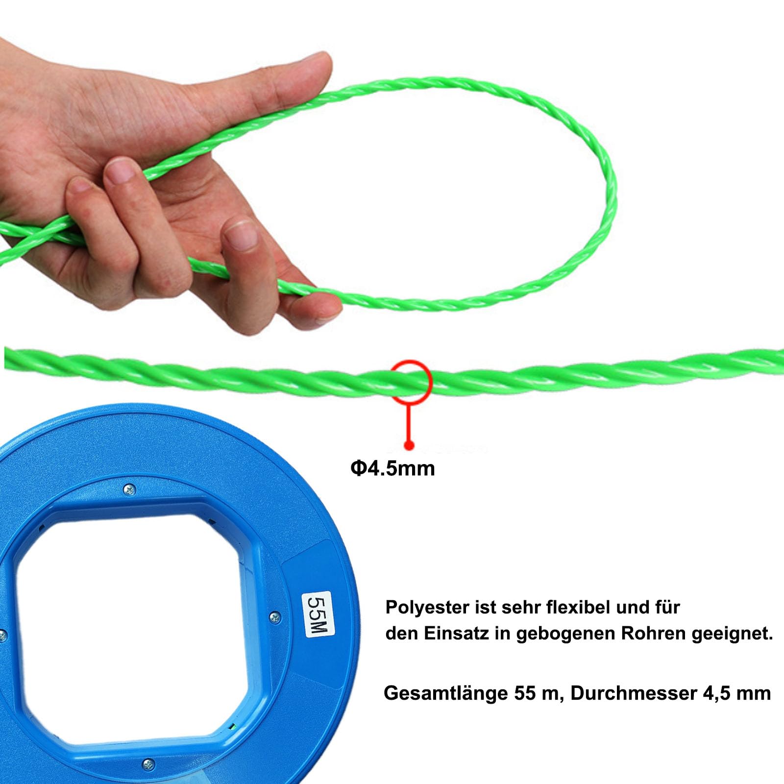 Professionelle Kabeleinzugshilfe 55m – Robuste Polyester-Einziehspirale (200 kg Zugkraft) mit 6 Adaptern, Anti-Verhedderung & Arretierung – Für Elektro- & Glasfaserinstallationen