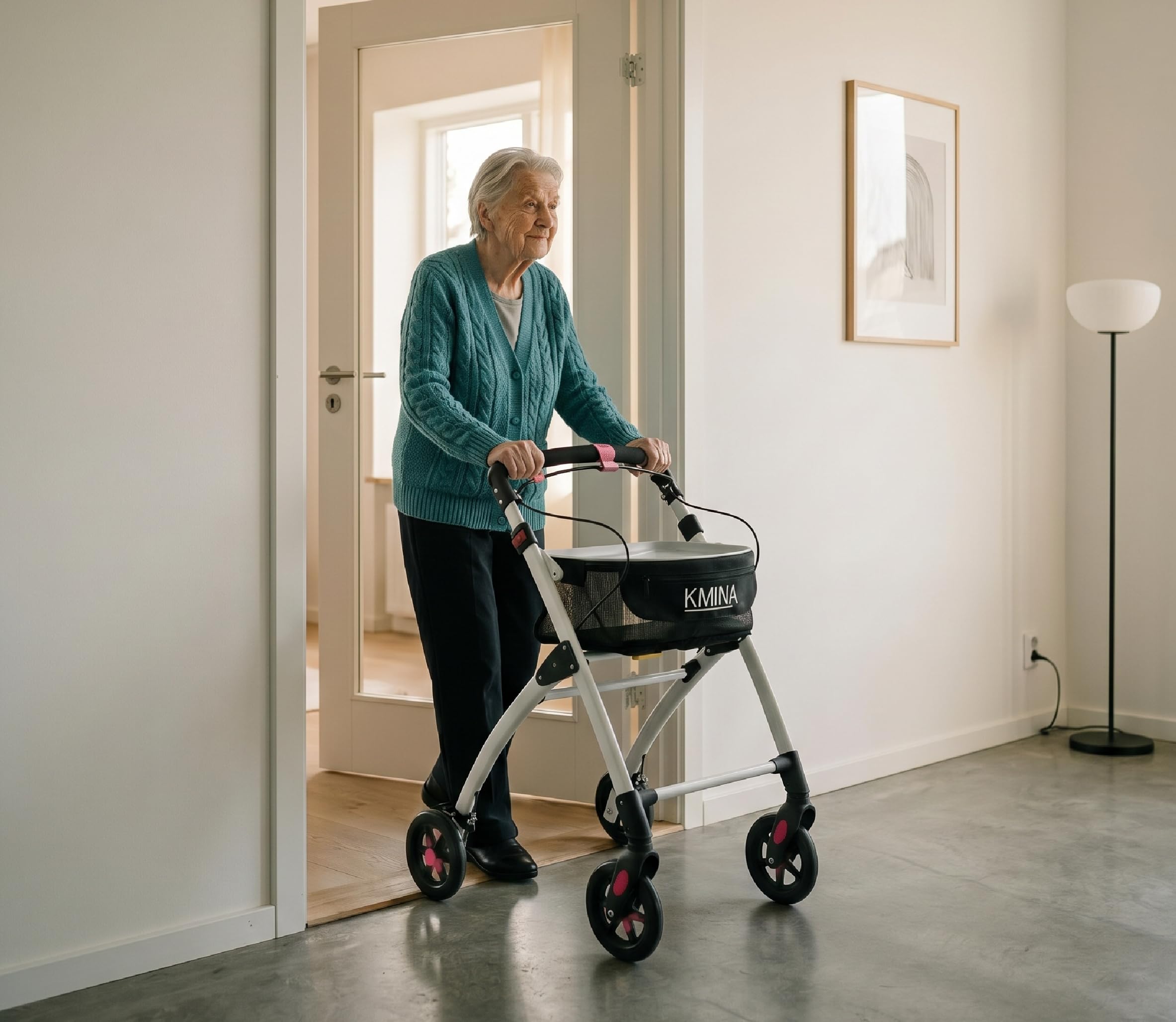 KMINA Andador Plegable Estrecho para Casa con Bandeja y Cesta, 4 Ruedas, para Adultos y Ancianos, Negro - KMINA PRO