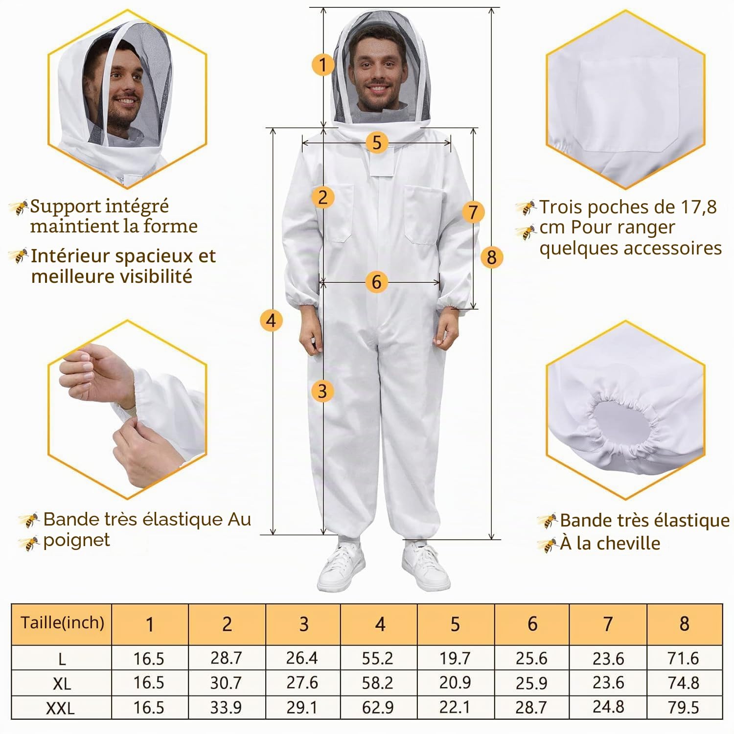 Tenue Apiculteur, Combinaison d'Apiculture pour Tout avec Gants d'Apiculteur, TOOSOAR Blanc Costume Apicole en Coton (L)