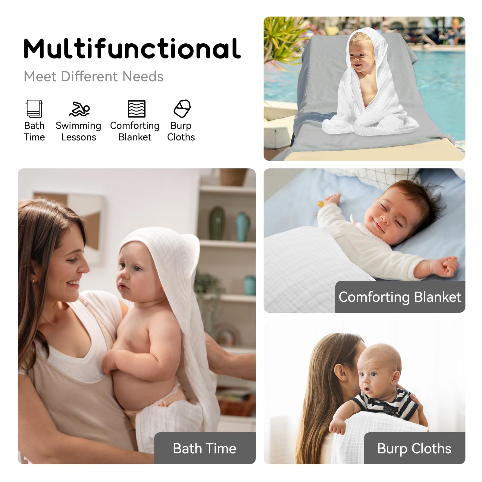 Toallas con capucha para bebés y niños pequeños, toalla de baño de muselina suave y absorbente para niños y niñas (color blanco, 1 unidad)