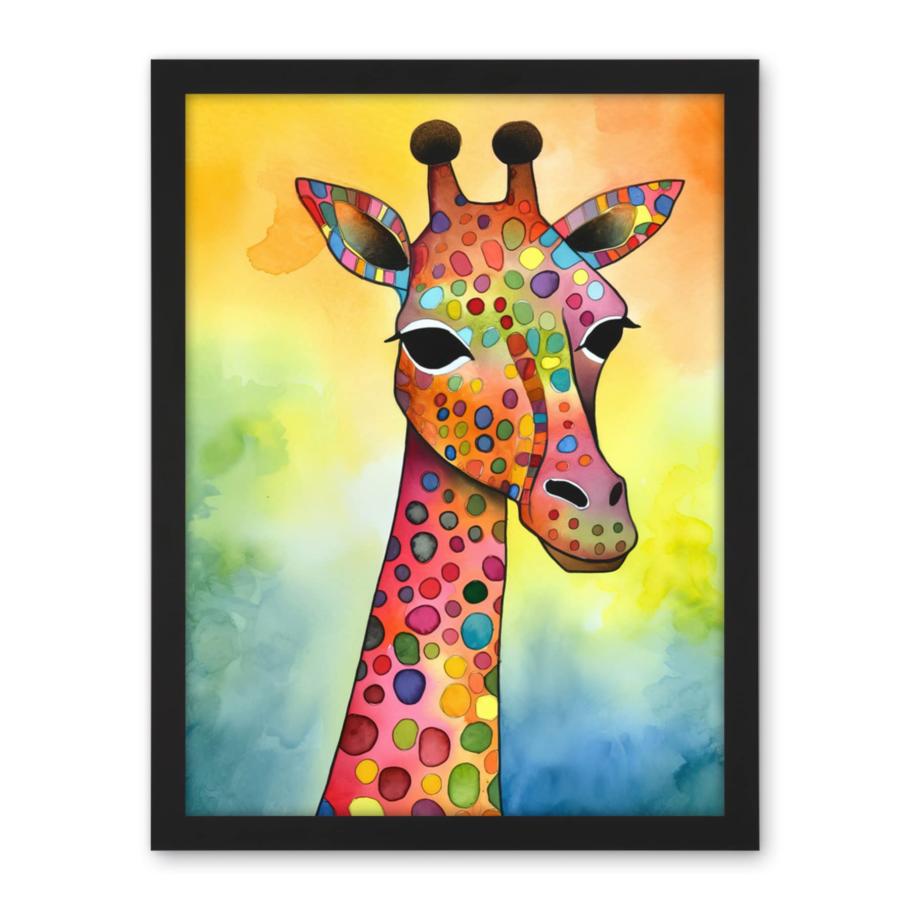 Artery8 Giraffe With Multicolour Pattern Folk Art Watercolour Painting Artwork Framed Wall Art Print 18X24 Inch