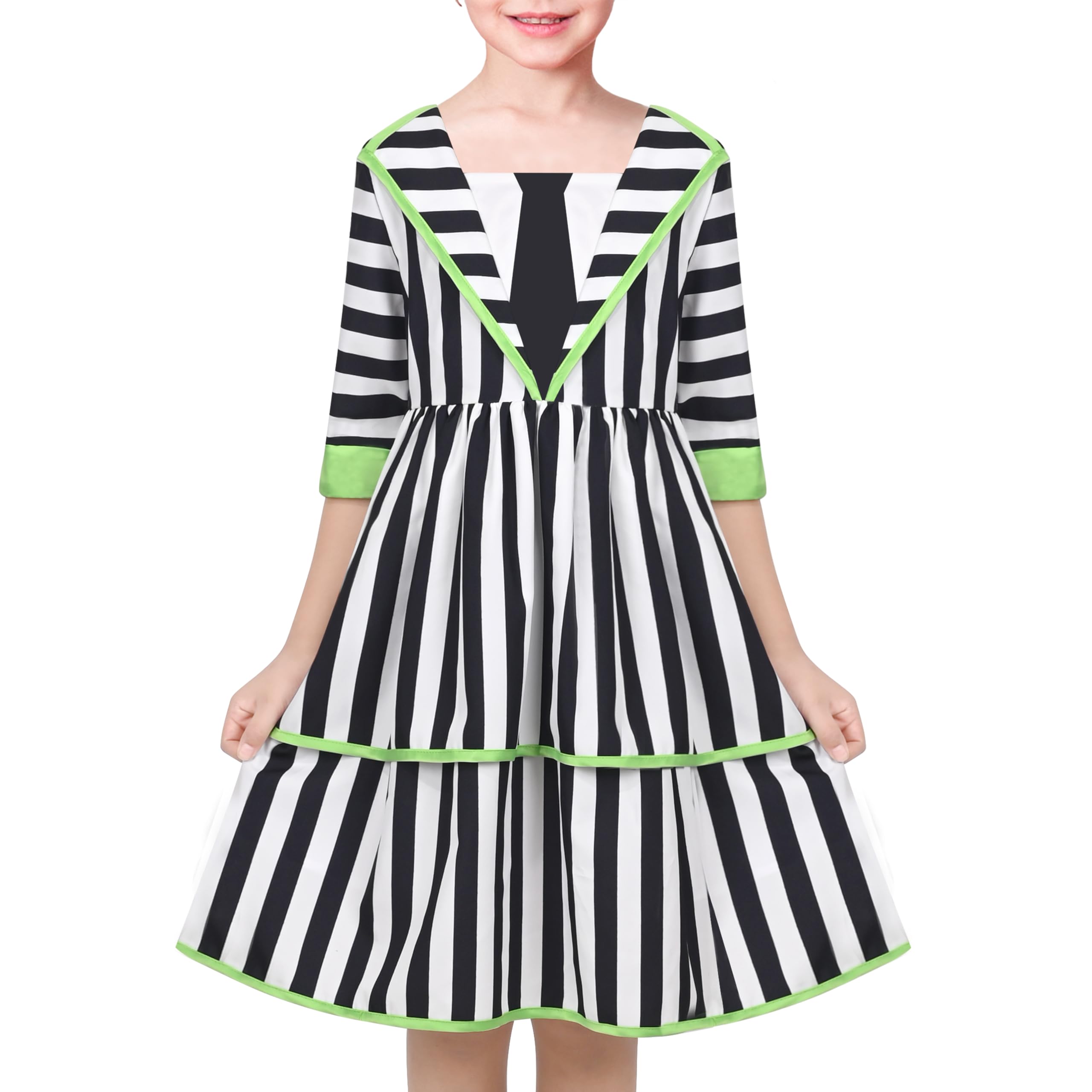 Sunny Fashion Girls Dress Black White Striped Gothic 1950s Retro Tiered Halloween Age 12 Years, Black Striped