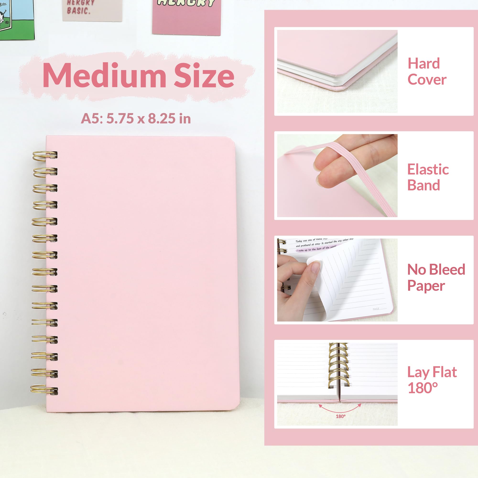SUNEE Cuadernos de diario, cuaderno de espiral rayado A5 para mujer, 146 páginas, cuaderno de tapa dura con rayas universitarias para el trabajo, tomar notas, diario y suministros escolares de