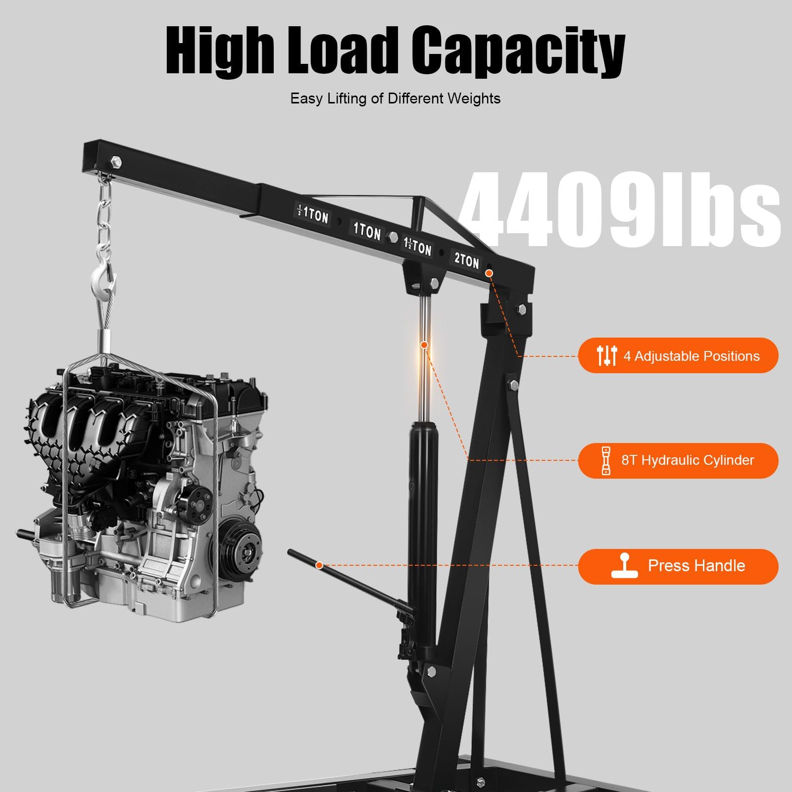Grue pliante de 2 tonnes avec moteur - Grue de charge lourde en acier au carbone avec 6 rouleaux en fer - Grue hydraulique pour atelier - Grue de levage de moteur pour réparations automobiles