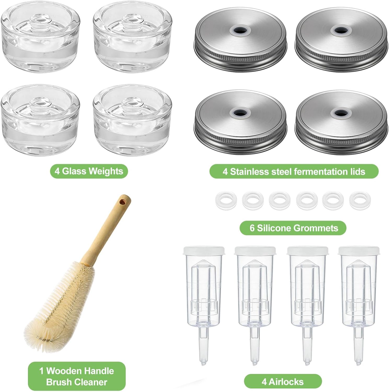 Fermentation Kit for Wide Mouth Mason fermentation Jar,Pickle sauerkraut Kit,4 Fermentation Lids,4 Glass Fermentation Weights,1Wooden Brush Cleaner(Jars Not Included)