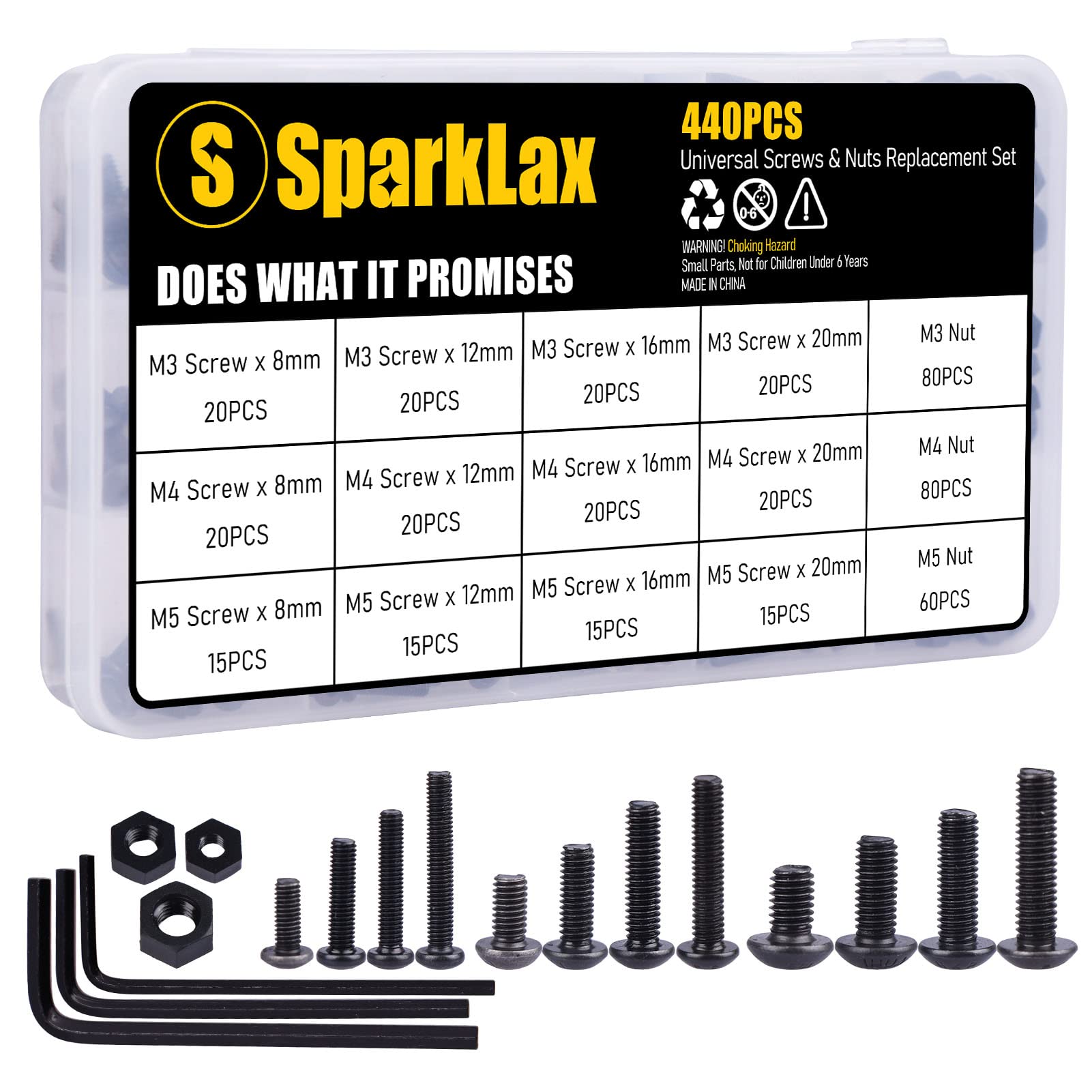 443PCS M3 M4 M5 Screws Kit Assortment M3 M4 M5 Hex Button Head Screws Bolts Screws & Nuts Assortment Kit,Black Oxidized