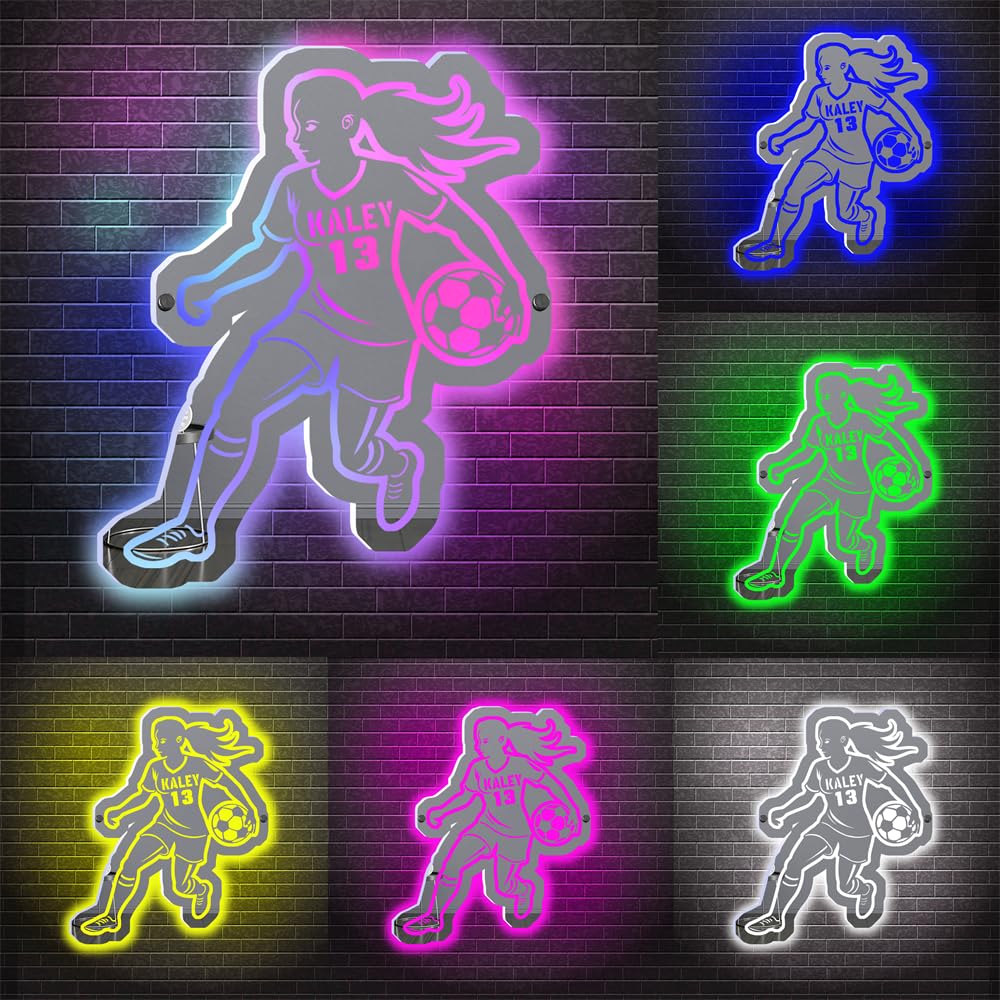 Ktfhvgy Customized Name Women's Soccer Acrylic Mirror Light, Women's Soccer Player Mirror neon Light Sports Decoration, Soccer Player Sports Lover Decoration (style-01)