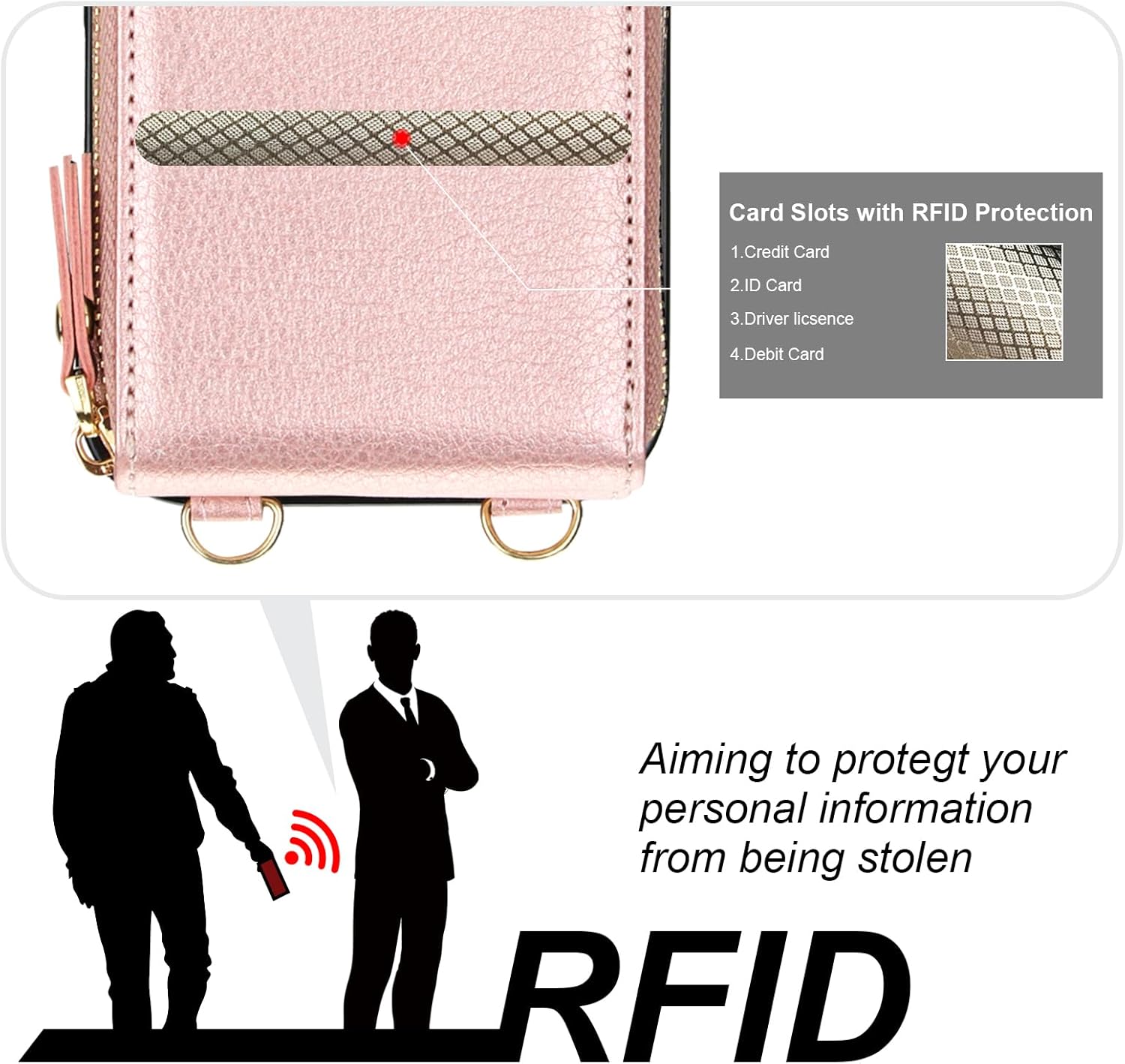 KIHUWEY Crossbody Wallet Case for iPhone 17, Zipper Pocket Case with Card Holder, PU Leather RFID Blocking Protective Cover Case with Kickstand Detachable Wrist Strap Lanyard 6.3" (Rose Gold)