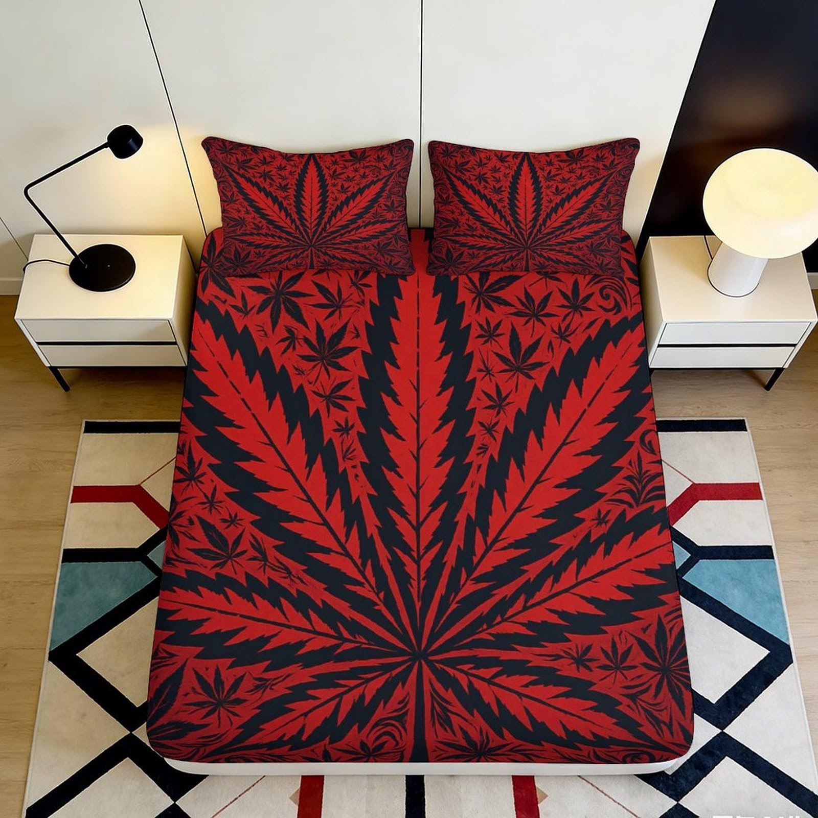 3D Printed red leaf Fitted Sheet for home decor, Microfiber soft touch, wrinkle resistant, guest room bedding, easy care 90x200x25cm