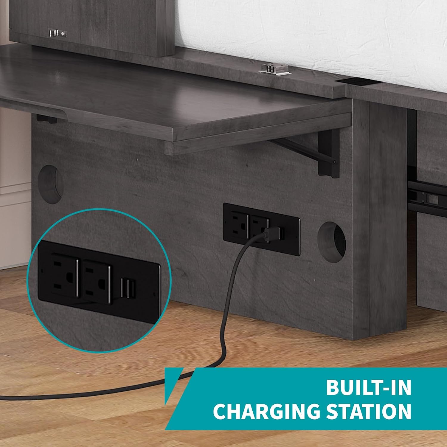 BALUS Queen Murphy Bed Cabinet, Wall Cabinet Bed with Tri-Fold Memory Foam Mattress, Space-Saving Murphy Beds with USB Charging Station, Storage Drawer for Apartment Living Room Guest Room, Dark Grey