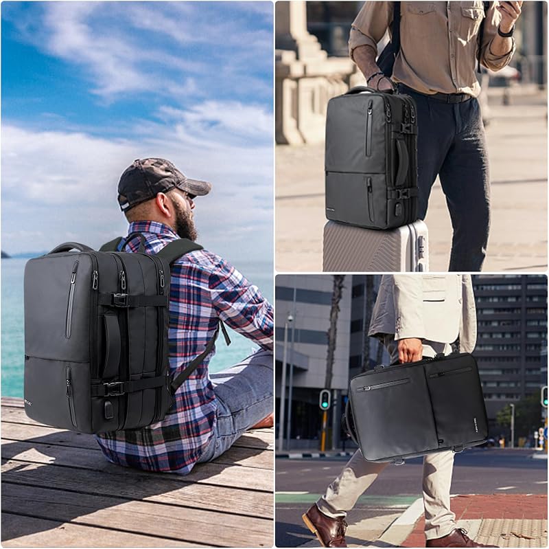 KINGSLONG Bővíthető Laptop Hátizsák 19" - 28-46L Vízlepergető Utazótáska USB Töltőporttal, Repülőgép Fedélzetre Vihető, Vákuumtasakkal és Pu