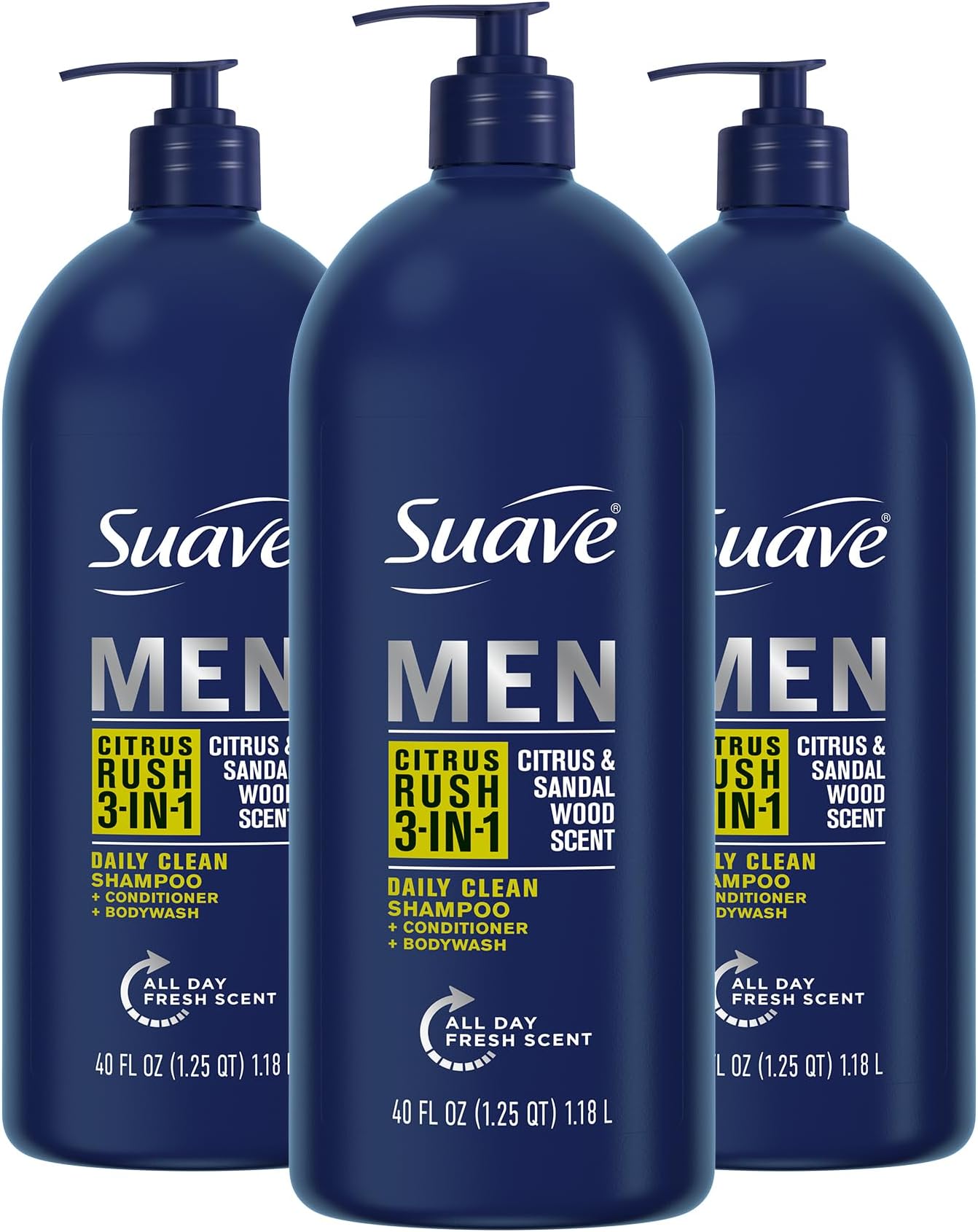 Suave Shampoo Conditioner Bodywash Men 3 in 1 Citrus & Sandal Wood to Cleanse and Nourish Hair and Skin, 40 oz Pack of 3