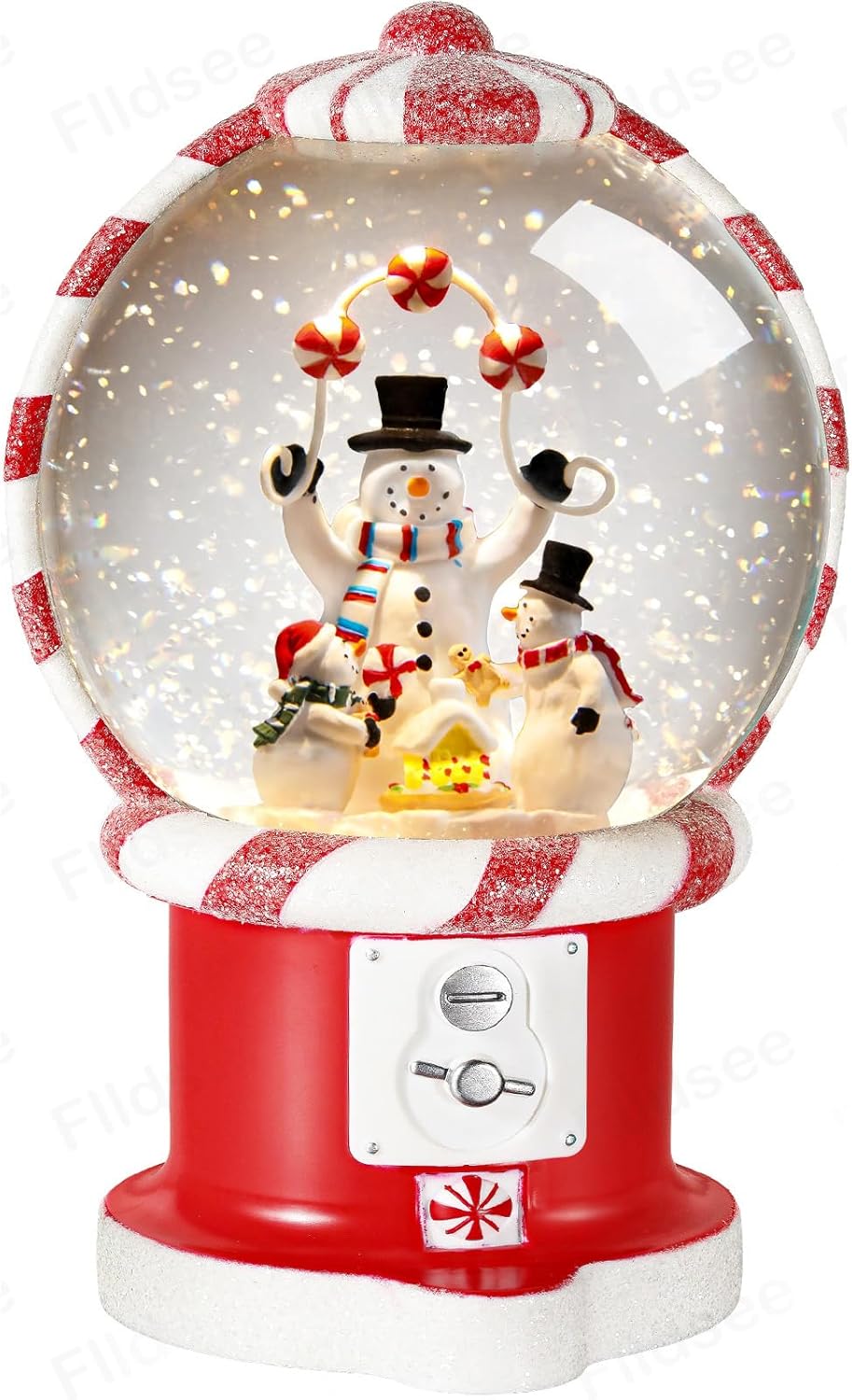 Christmas Snow Globe Lantern, Glitter Musical Snowglobe Light with Timer, USB & Battery Powered Music Box, Snowman Family & Candies, Holiday Decorations Indoor Home Decor