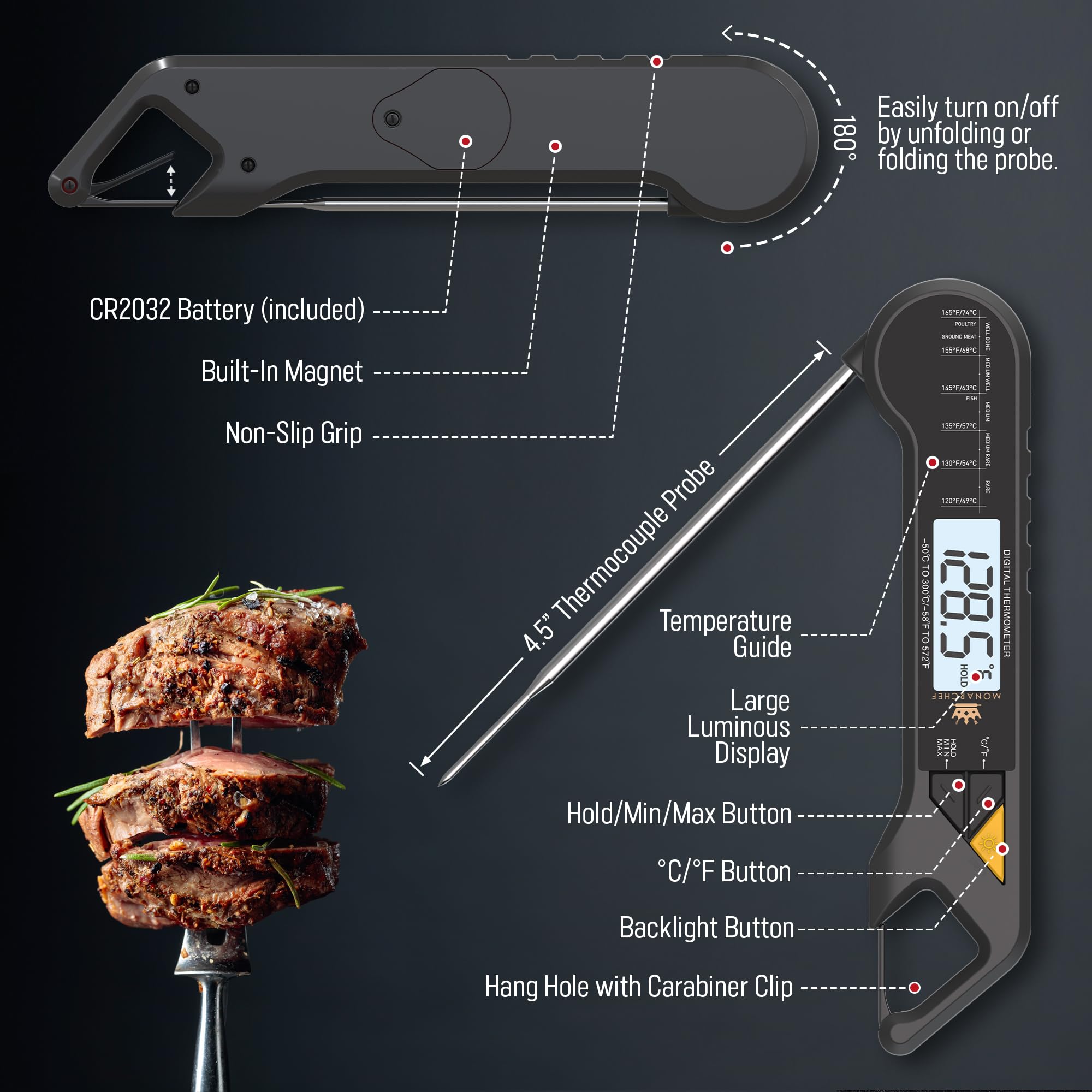 Calza Stuffer per uomo – Termometro digitale per carne, lettura istantanea, termometro digitale per alimenti con sonda impermeabile, retroilluminazione, Hold/Min/Max – Perfetto barbecue e gadget da