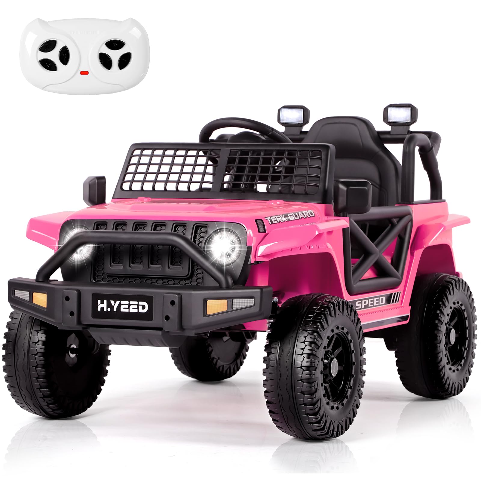 H.yeed 12V Kids Electric Ride on Car for 3-8, 2 Motors Off Road Truck with 2.4G Remote Control, LED Lights, Music, Horn & Wireless Connection, Battery Powered Ride on Toy for Boys Girls (Pink)