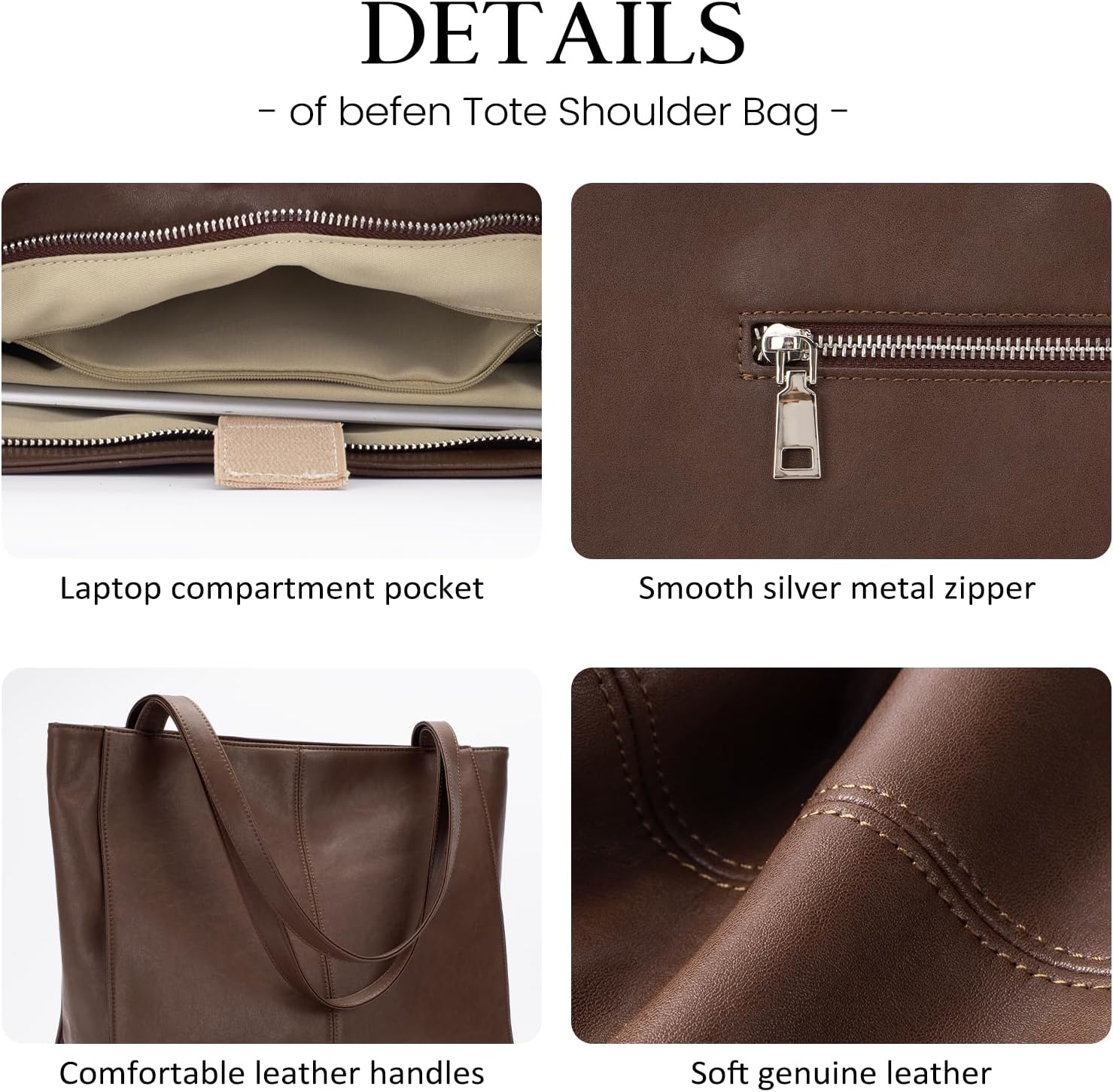 befen Genuine Leather Tote Bag for Women Work, Women's Leather Shoulder Bags Purses Satchel Handbags with Laptop Compartment - Image 5