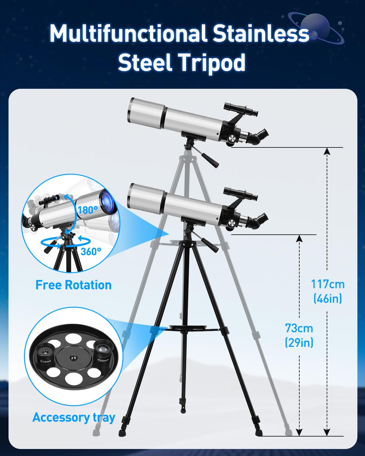Teleskop Astronomie 90/600mm Refraktor mit Alu-Stativ – 2 Okularen (10mm & 25mm) Télescope 90 mm Ouverture 600 mm Télescopeset pour Enfants Télescope d'astronomie pour débutants pour Adultes