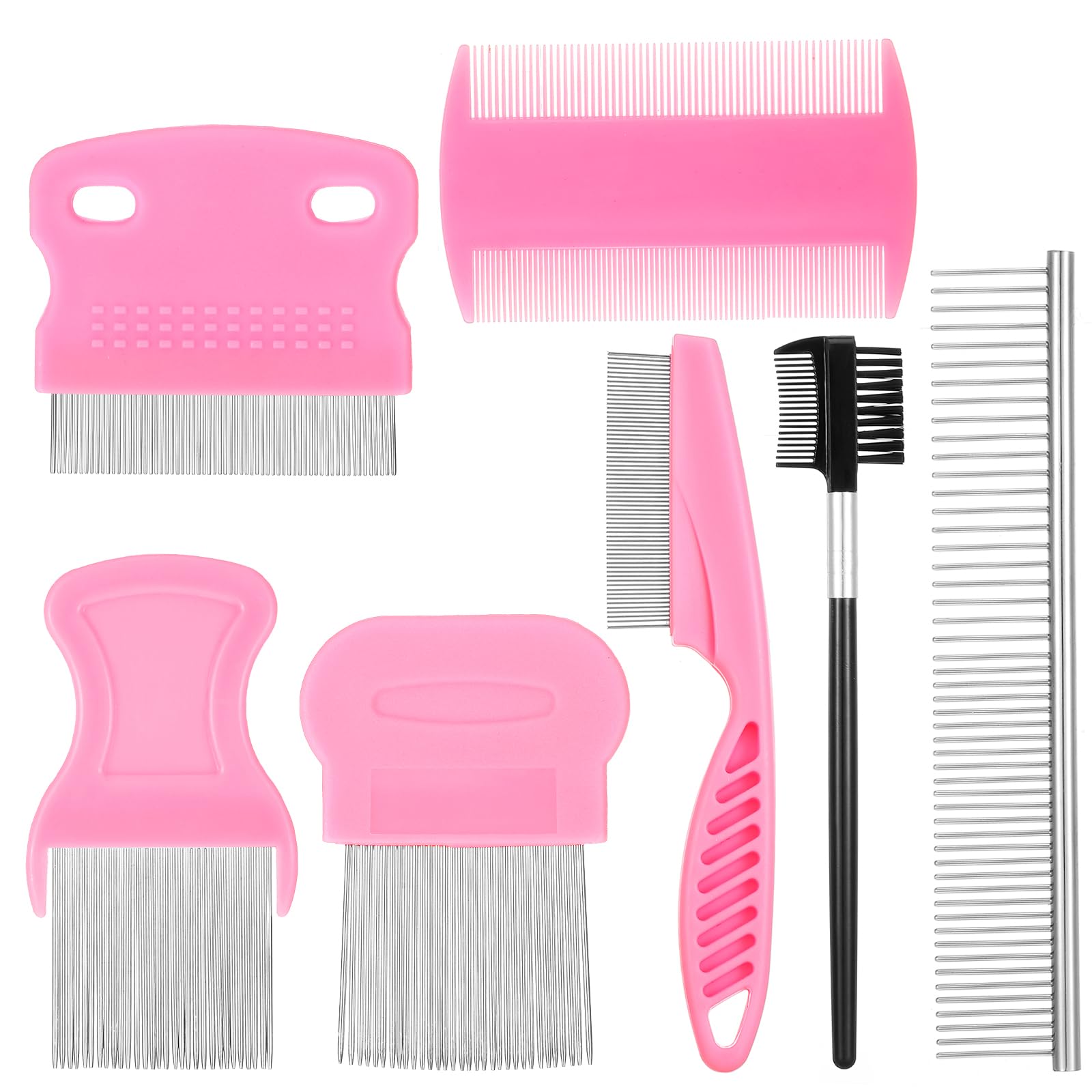 Lot de 7 peignes professionnels anti-puces et tiques pour chiens et chats – Kit de toilettage en acier inoxydable à dents fines et larges pour enlever les poux, les nœuds et les taches de déchirure
