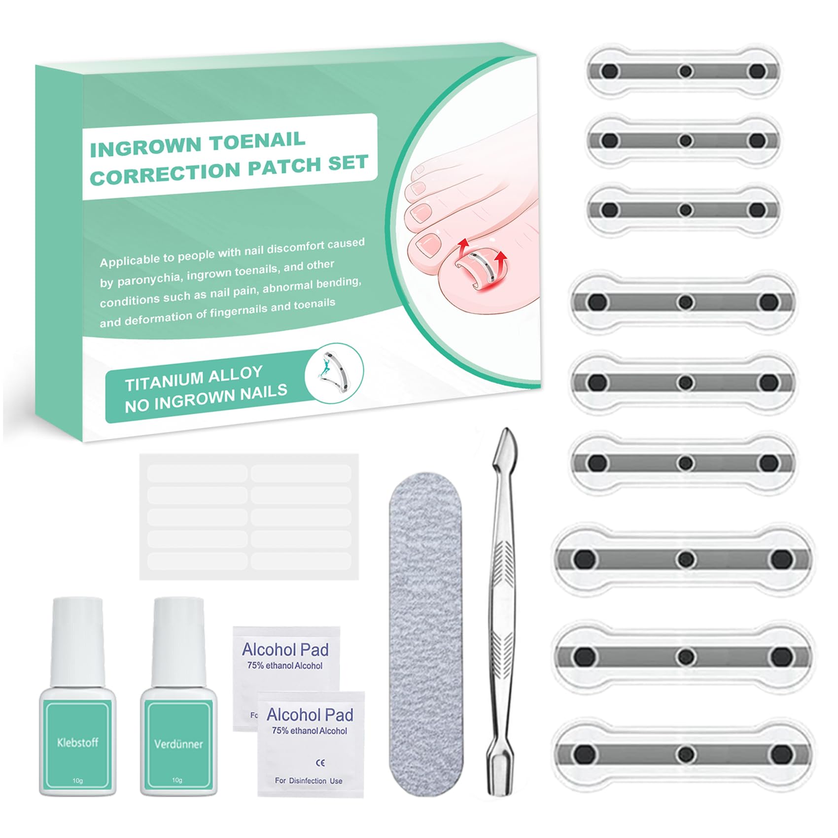 Eingewachsene Zehennägel Set Zehennagel Korrektur Patch 9pcs Nagelspange Fußnägel Zehennagelheber Werkzeugset für Paronychie Zehennagel Eingewachsen Reparatur, 0.59/0.67/0.79in