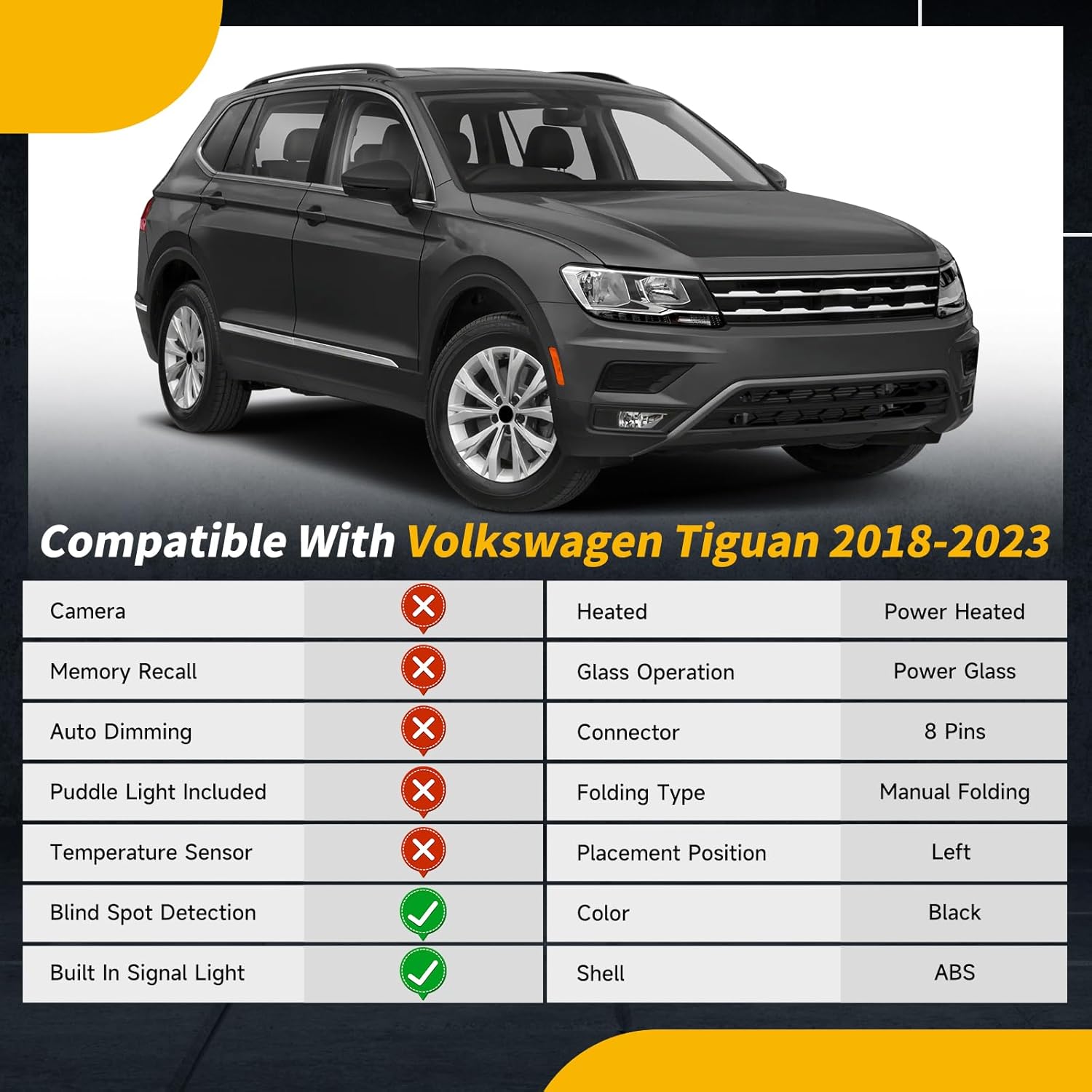 18-23 Left Driver Side Mirror Rear Door View Mirror Compatible with Volkswagen Tiguan 2018-2023,w/Heated/Blind Spot Indicator/Manual Folding/Power Adjustment/Signal Light/HD Glass(8Pins,Black)