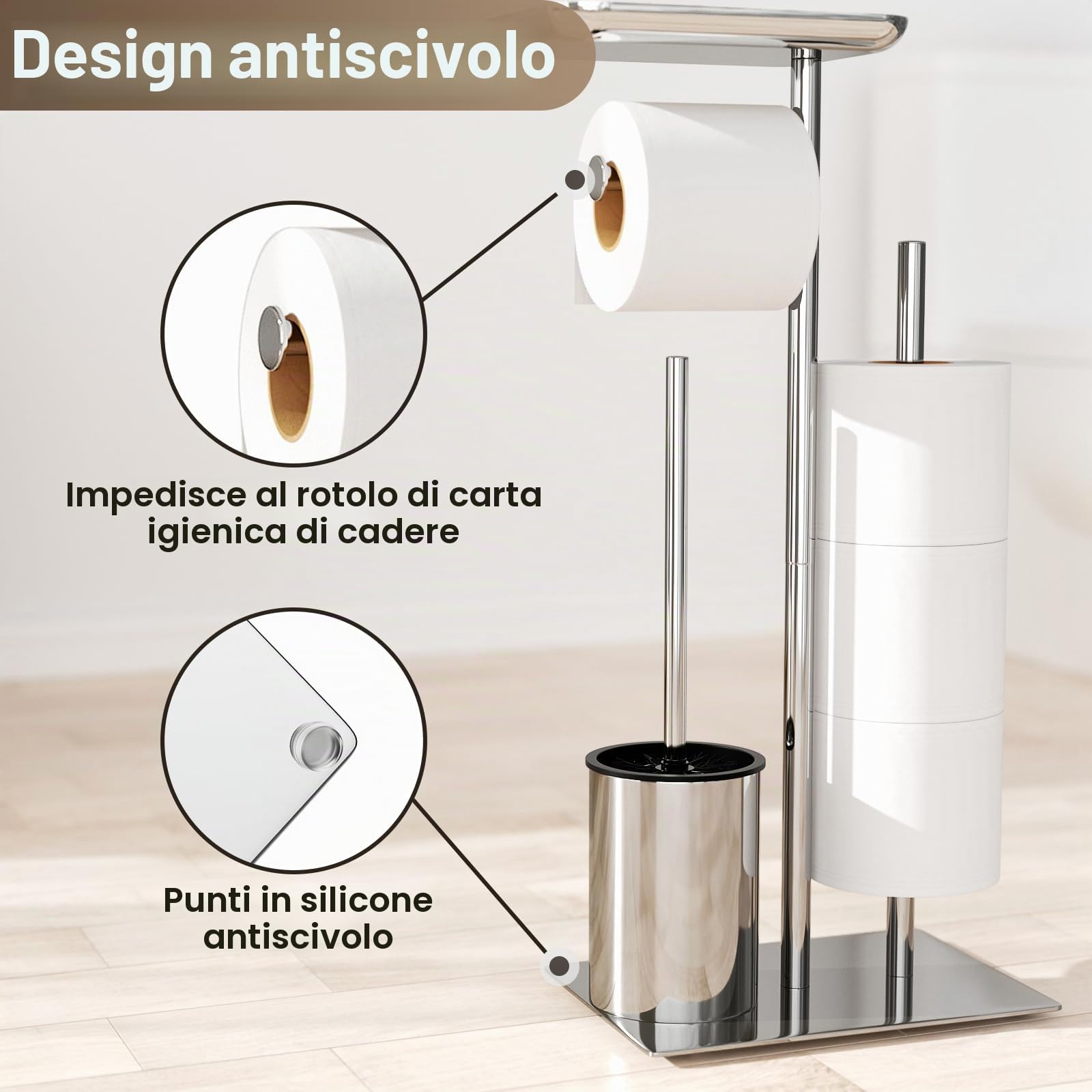 Porta Carta Igienica in Piedi Argento Con Spazzola - Set WC Con Scopino, Vassoio e Porta Rotolo