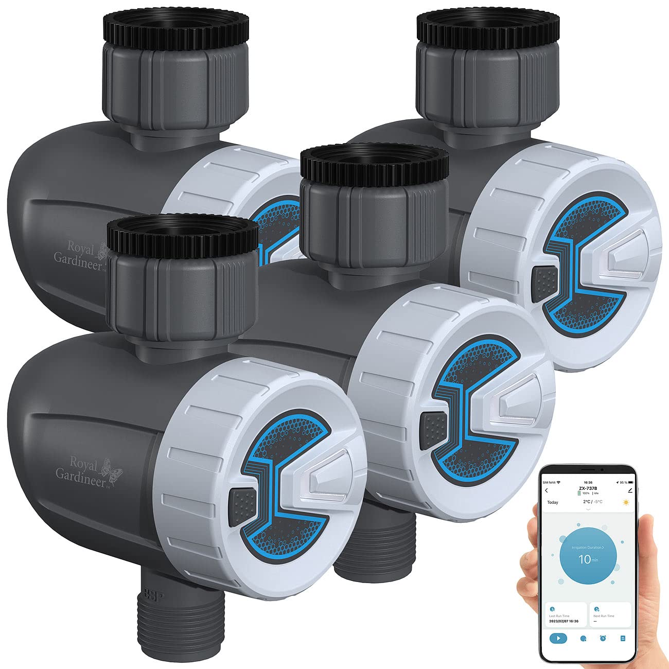 Royal Gardineer Wasser-Ventil, Bluetooth: 4er-Set smarte programmierbare Bewässerungscomputer mit BT & App (Bewässerungscomputer App Steuerung, Gartenbewässerung, Home)