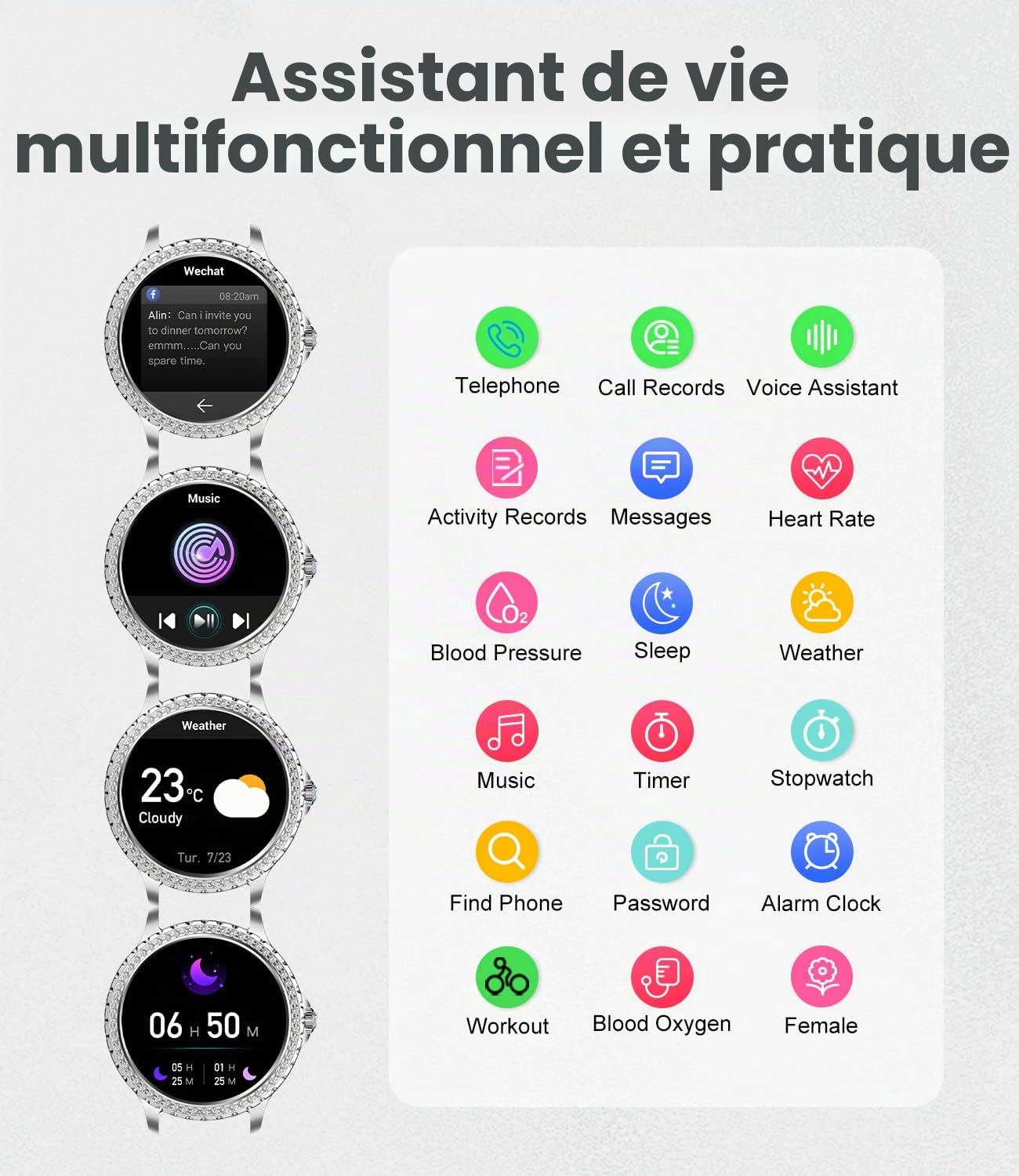 Montre Connectée Femme avec Appel Bluetooth,Etanche Smartwatch avec Fonction Féminine/Fréquence Cardiaque Sommeil/20 Modes Sportifs/Lecteur Musique,Podomètre Montre Connectée Compatible iOS Android