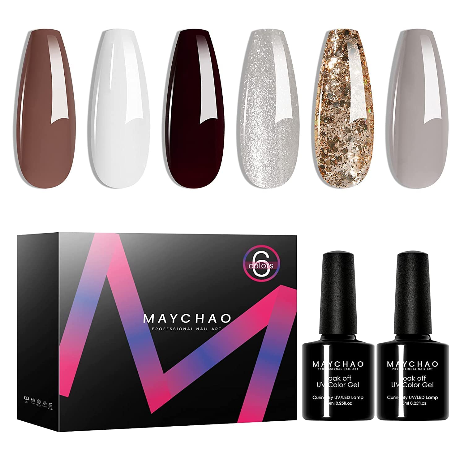 MAYCHAO6PCs Gel Nail Polish Set, Light-Brown White Black-Coffee Silver-Glitter Champagne-Gold Grey Nail Polish Soak Off Gel Nail Manicure Kit for Home DIY Salon