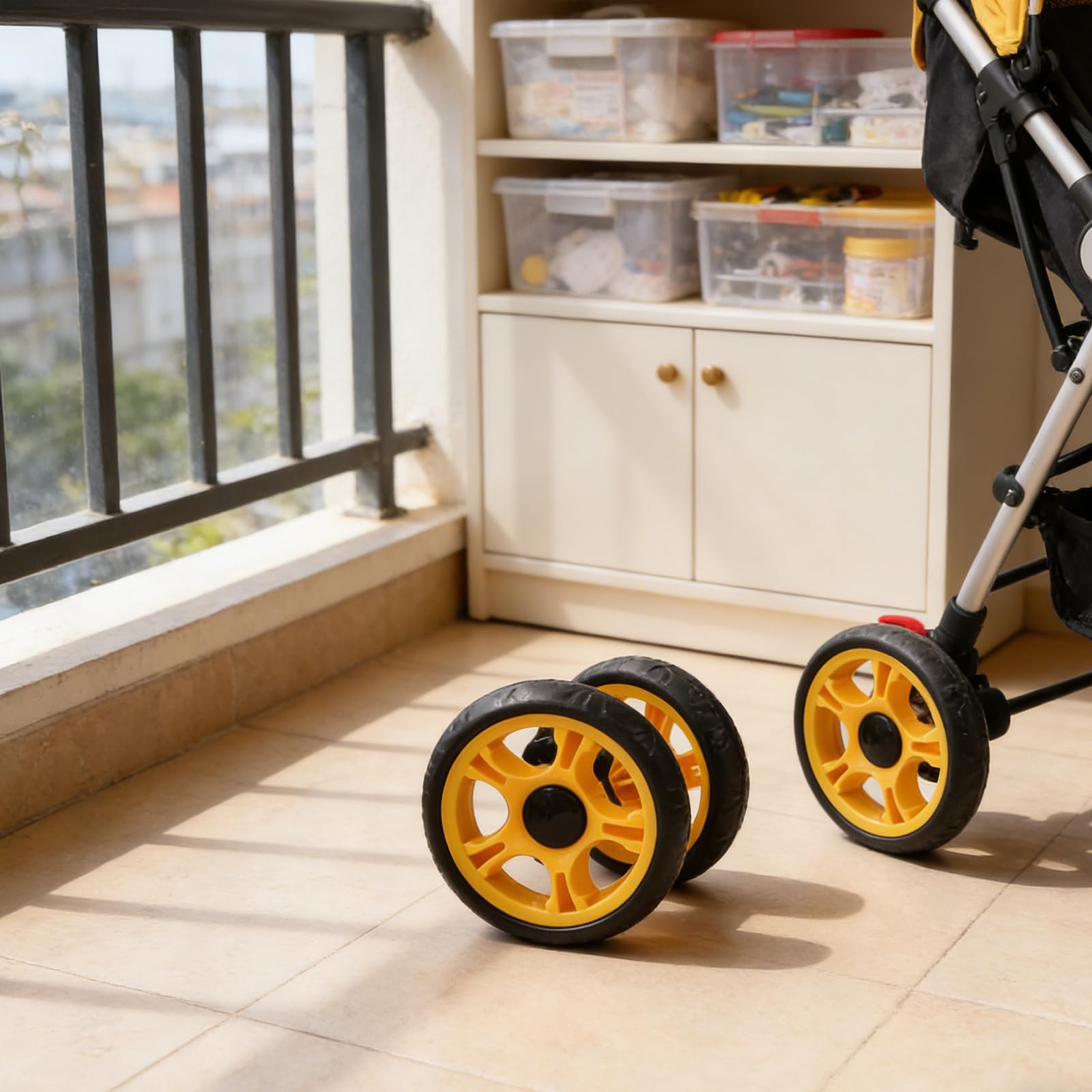 ifundom Set 4 Pezzi Ruote di Ricambio in Plastica Nera per Passeggino con Freno, Ruote Girevoli 12 Cm, Facile Manutenzione, Adatte a Carrelli per Animali