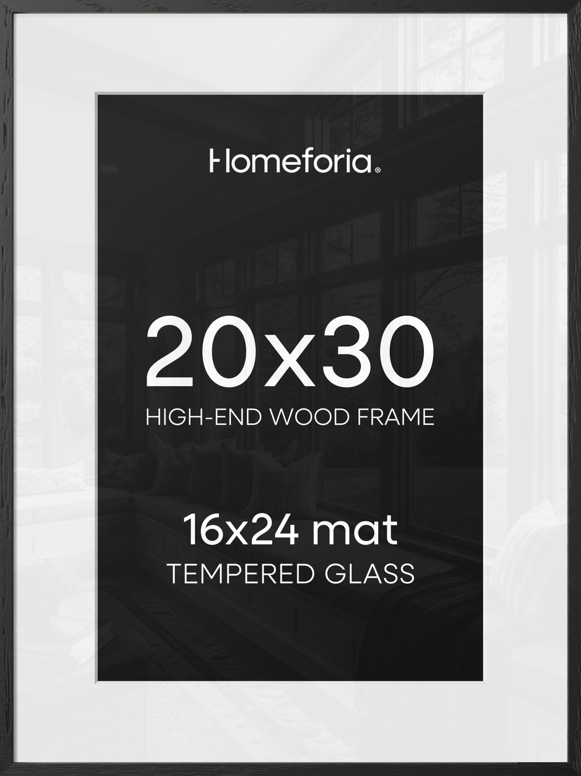 Homeforia 20x30 Black Wood Frame, High End Oak 20x30 Wooden Picture Frames with Mat 16x24 Photo, 20 x 30 Poster Frame Matted to 16 by 24 Print, 30x20 Hanging Frames, Tempered Glass, Wall Kit, Set of 1