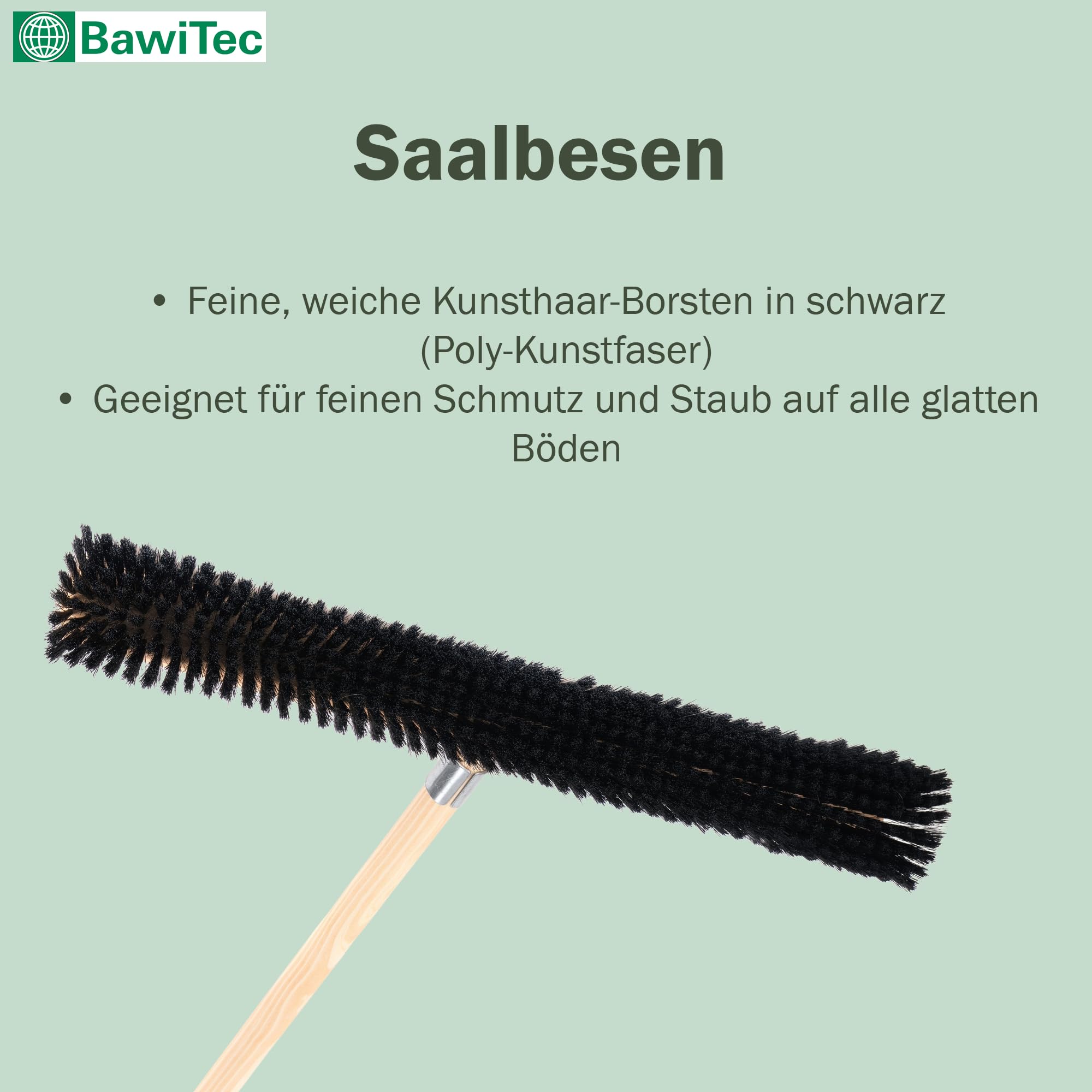 Profi Saalbesen weiche Kunsthaar Borsten 100cm mit Stiel 160cm Lang Besen | Mit Geräte-Holzstiel Ø28mm, Stabiler Metall-Stielhalter, Für glatte Böden, Für Innenbereiche