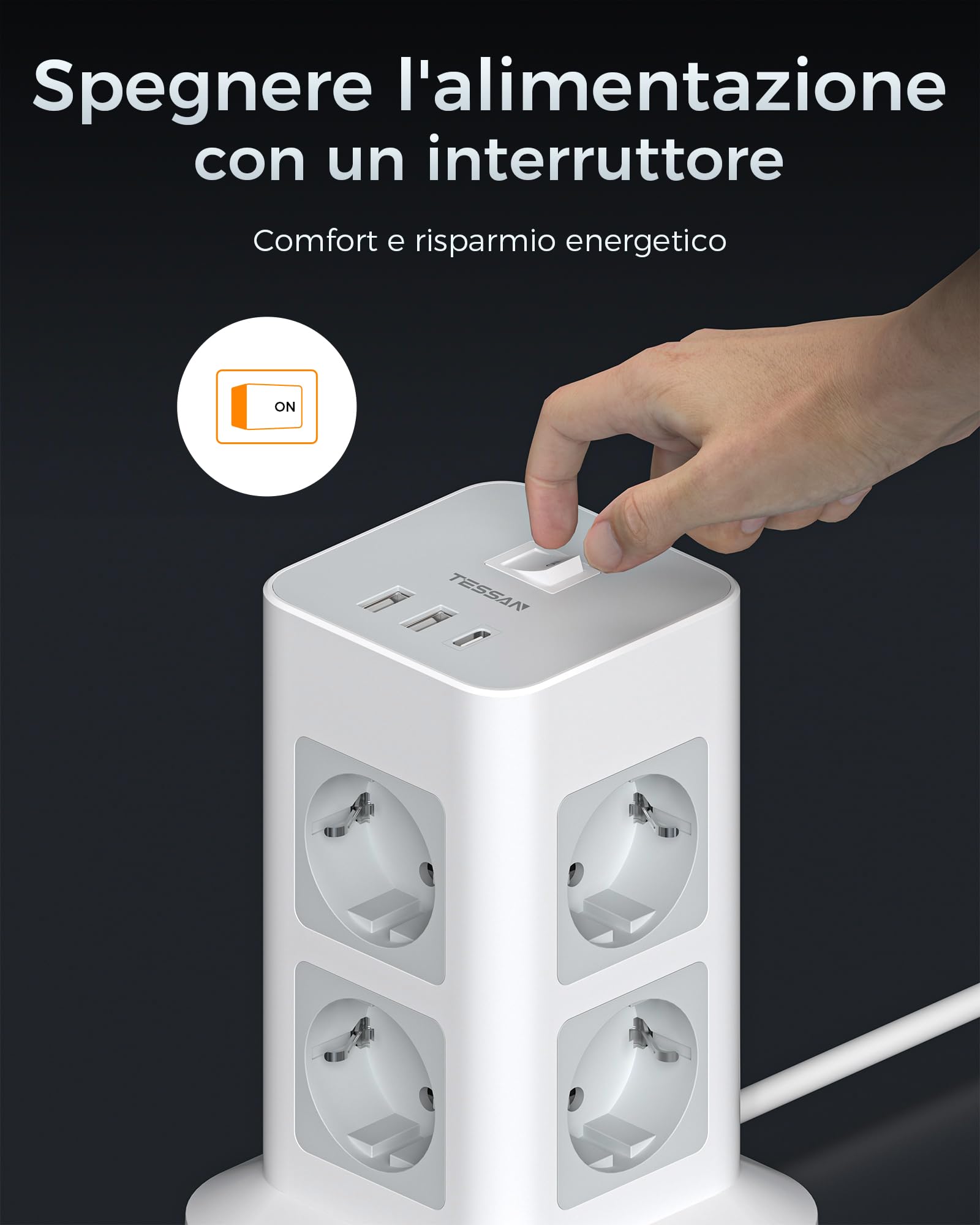 TESSAN Ciabatta Multipresa con USB 15W, Ciabatta Elettrica con 8 Prese, Torretta Multipresa Protezione Sovratensione con Interruttore e Prolunga Elettrica 10 Metri, 3600W Presa Multipla, Girgio