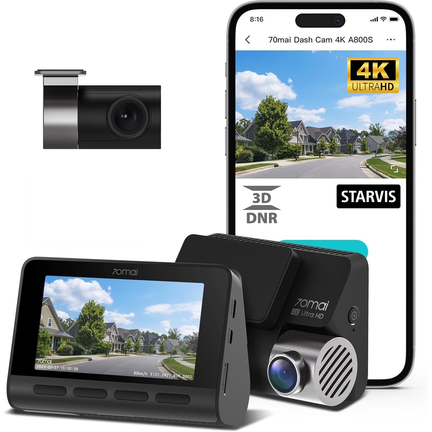 70mai 4K Dash Cam A800S-1 Front and Rear with STARVIS, Built in 5GHz WiFi & GPS Car Camera, Super Night Vision, ADAS, 3'' IPS Screen, 24H Parking Mode, Time-Lapse, Loop Recording, Support 256GB Max