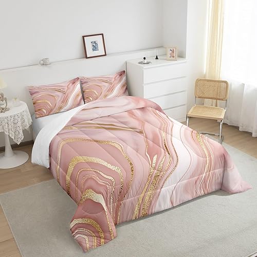 Miniatura 10 de Erosebridal Juego de edredón de color rosa y azul dorado, ropa de cama de mármol colorido para jóvenes, juegos de edredón con textura de mármol con