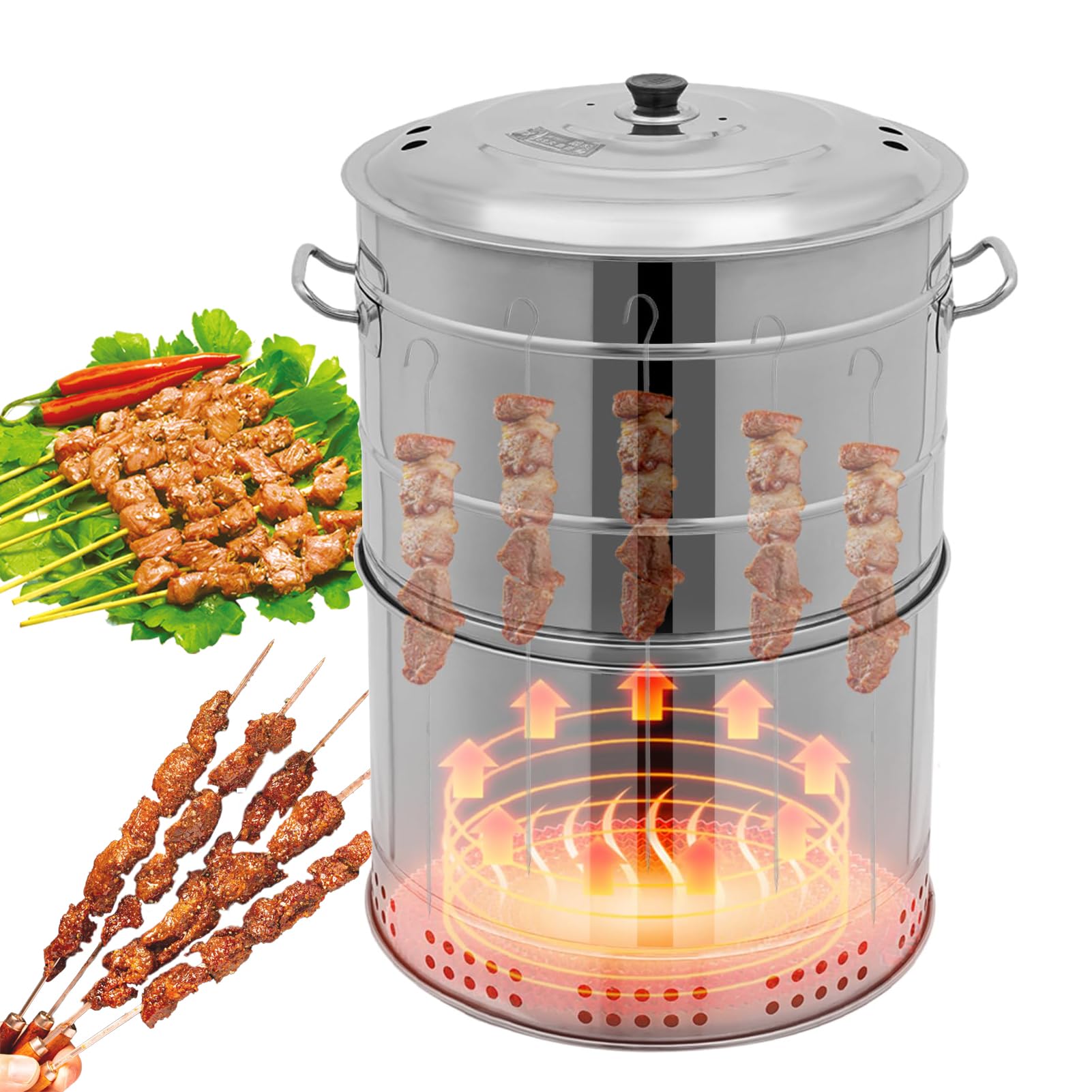 Duże przenośne grille węglowe, grill węglowy ze stali nierdzewnej, 360°, bezdymny na zewnątrz z 50 szpikulcami, kociołek do gotowania, grill wędzarniczy