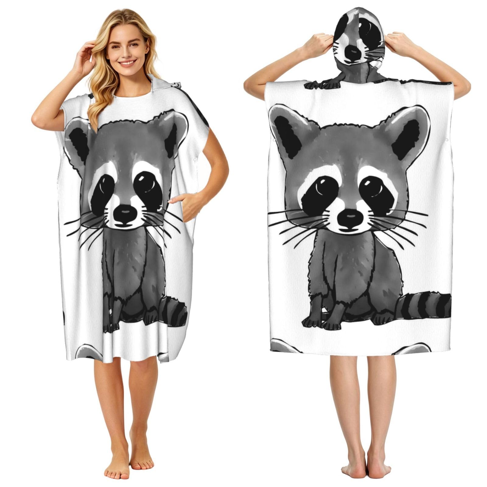 Poadnly Cartoon Cute Raccoon, Adult Hooded Beach Towel 90 x 110 cm,Changing Bath Robe, Surf Poncho Towel For Women Men