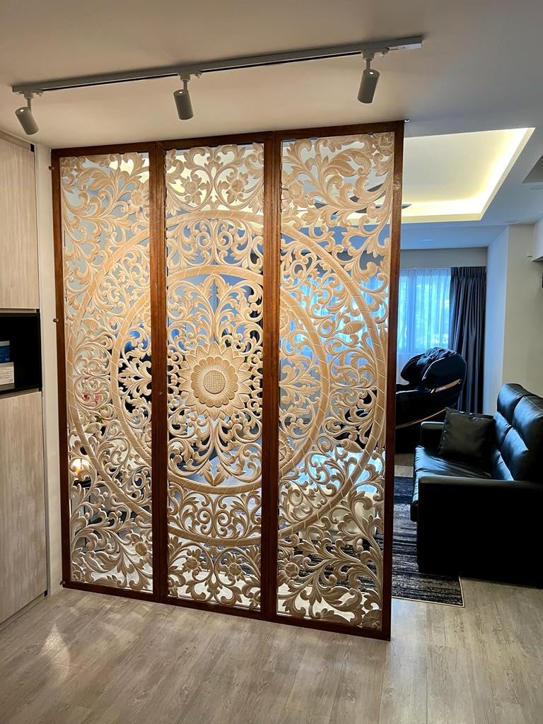 The Wooden Shoppee Luxury Engineered Wood Room Divider –Decorative Partition with Floral Carvings, Perfect for Home, Office, Hotel Interior (Set of 3) 8x6 feet Each Size 96 x 24 in (White Antique)