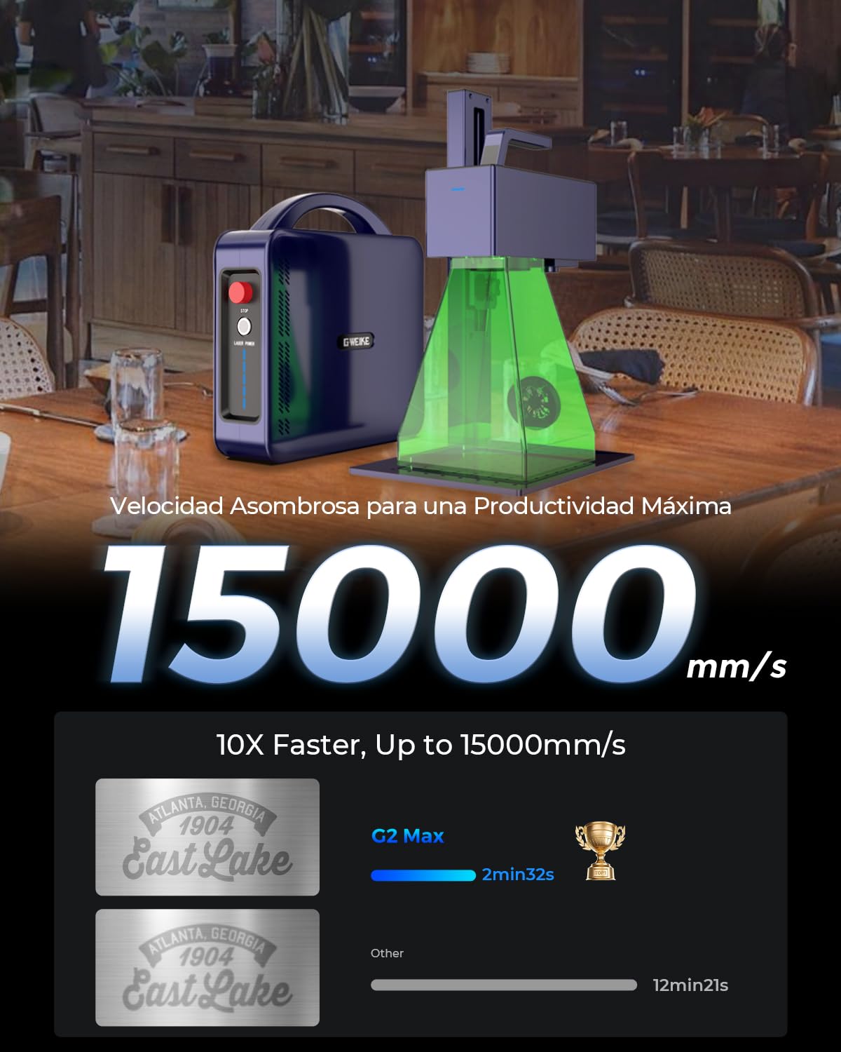 GWEIKE G2 Max Grabador Láser de Fibra de 50W con Grabado 3D y Profundo, Máquina Láser Rápida de 15000 mm/s, Área de 150×150 mm, Precisión de 0,001 mm para Joyería, Metal y Placas para Mascotas