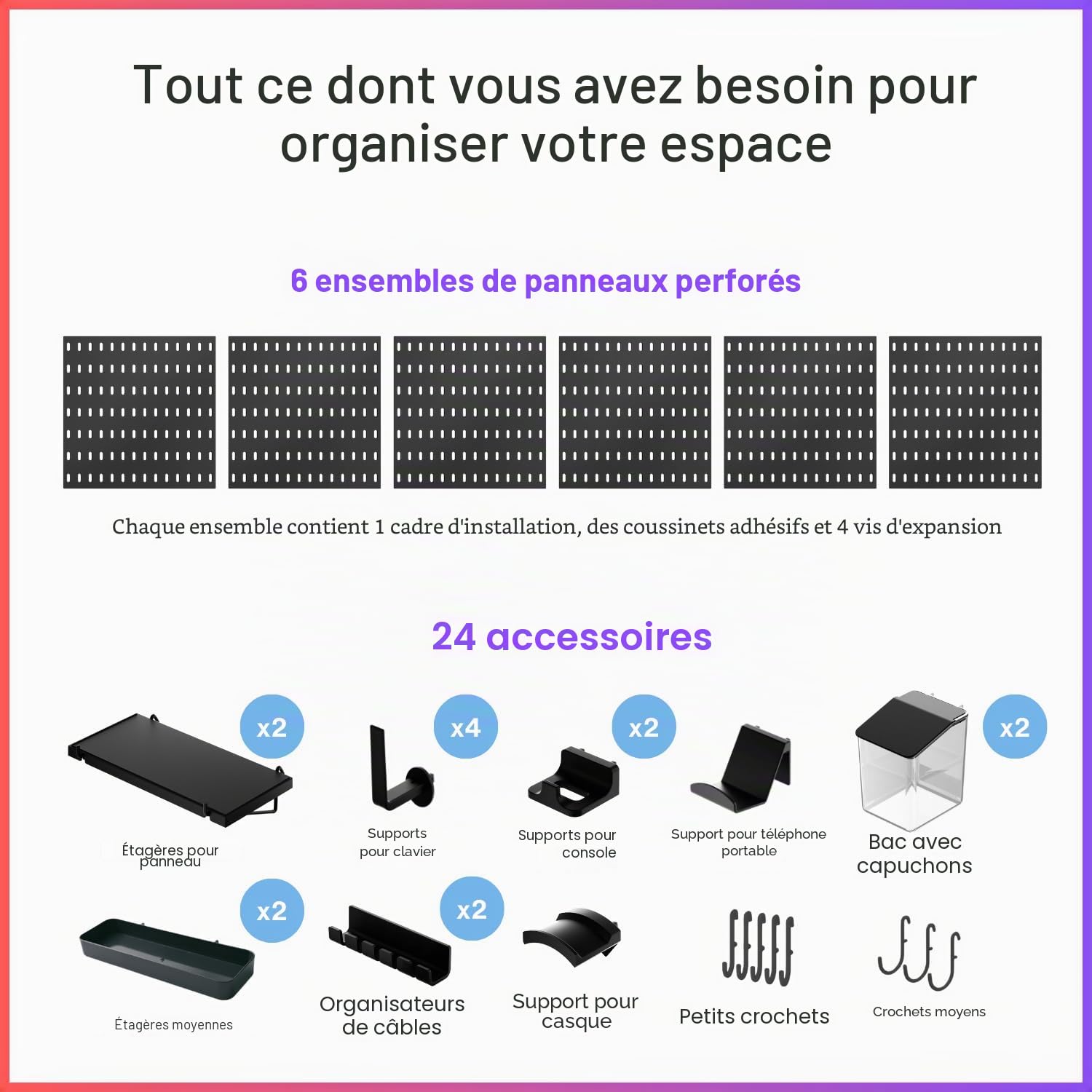 Keepo Kit de panneaux perforés et accessoires modulaires pour configuration de jeu, tableau perforé