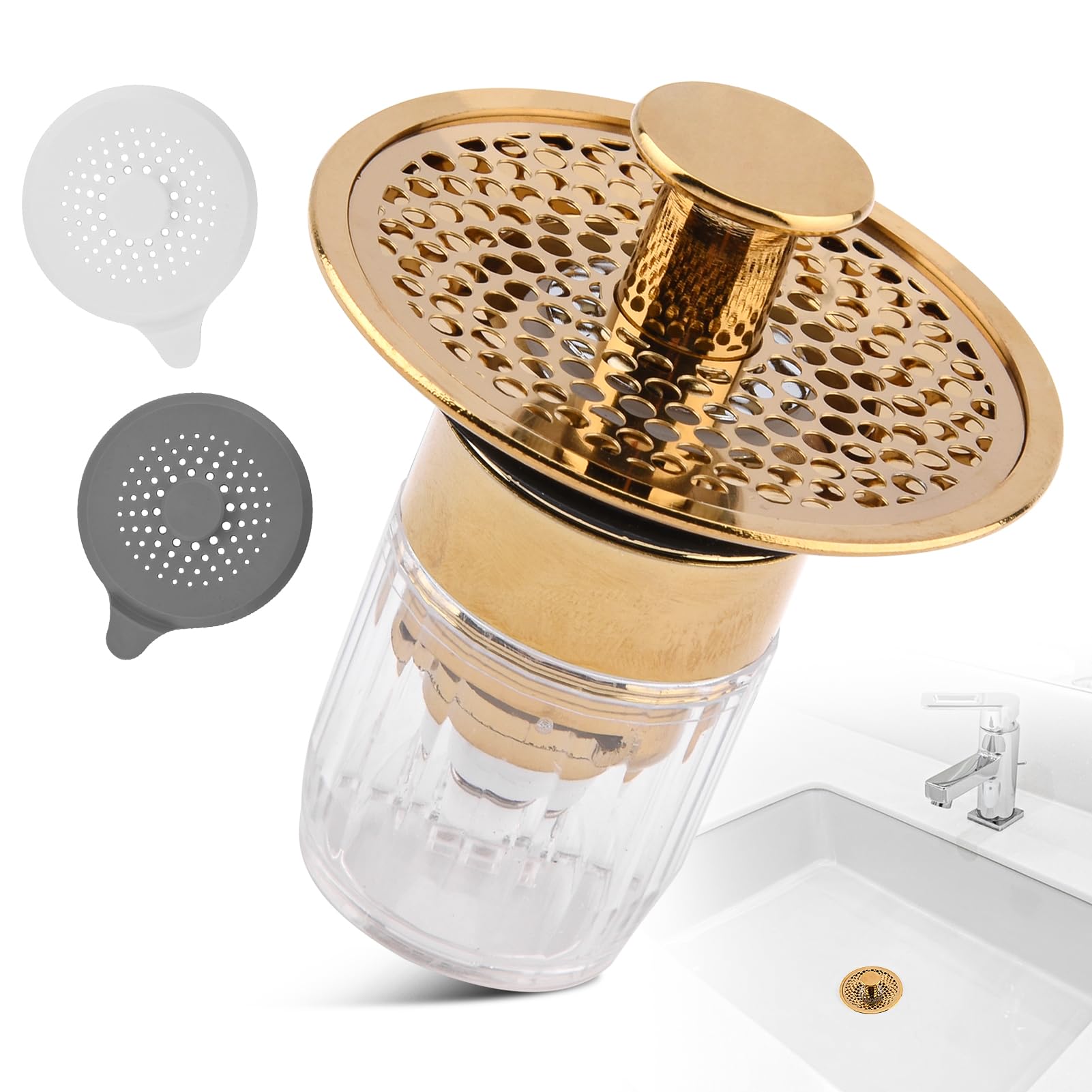 NINEFOXUniversal Bathroom Sink Stopper,1pc Sink Plug with 2Pcs Silicone Floor Drain Cover for 1.1-1.5 inch Basin P-op Up Drain Filter Strainer, No Overflow with Basket Hair Catcher(as Shown)