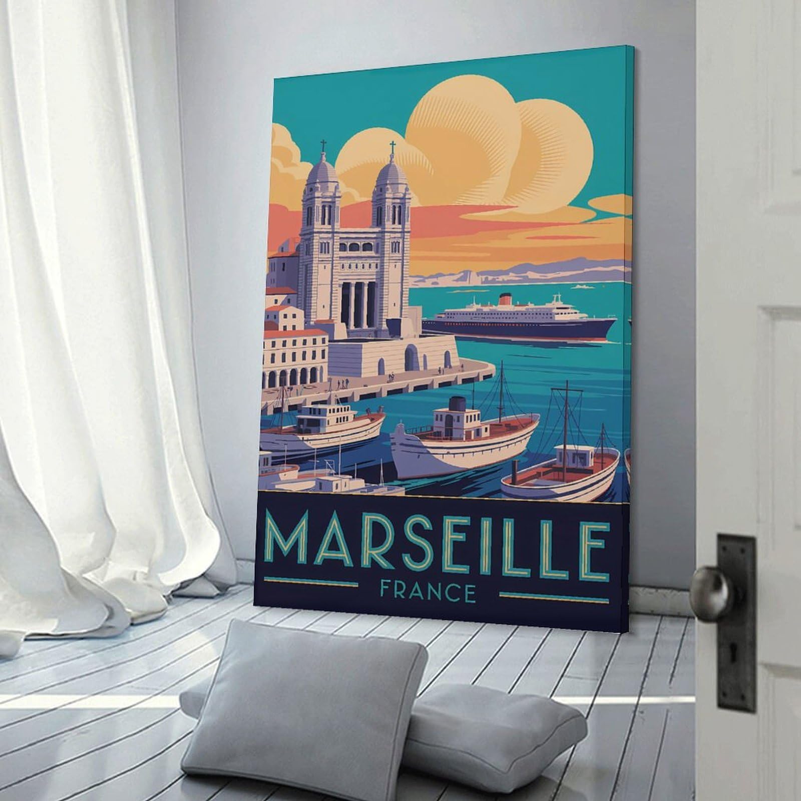 Junmoney Decorative Canvas Print Marseille Travel (3), 24x36inch(60x90cm), for Entrance Spaces, Stair Walls Or Halls, A Neat Decor Update for Hallways