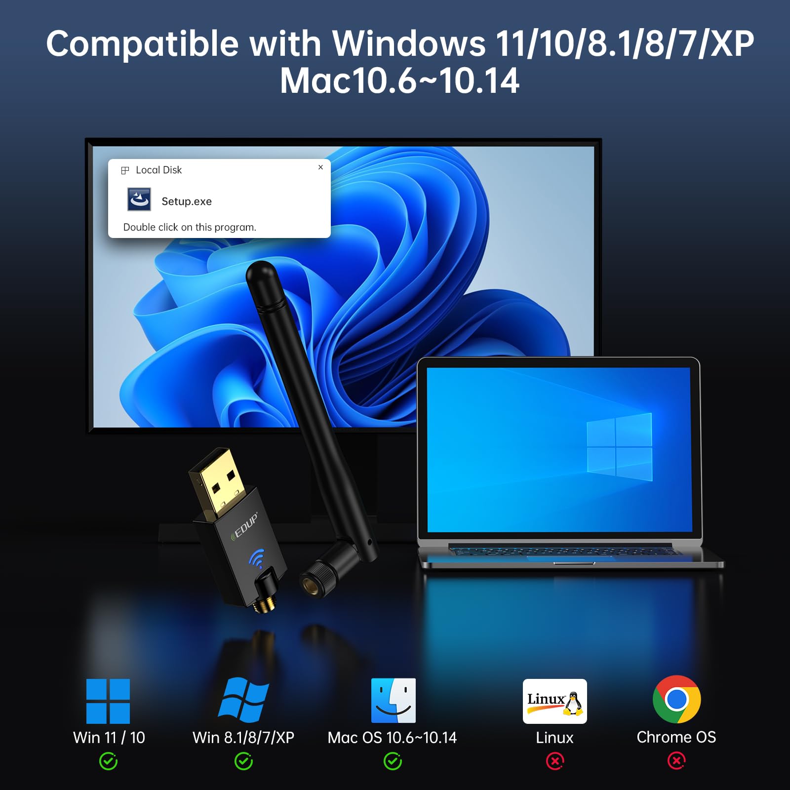 EDUP Adaptateur WiFi AC600Mbps USB sans Fil 5GHz/2.4GHZ Dual Band 600Mbps Adaptateur USB 2dBi Antenne Externe Compatible Windows 10, Win8, Win8.1, Win 7, macOS 10.7-10.15 FBA_EDUP-EP-1607