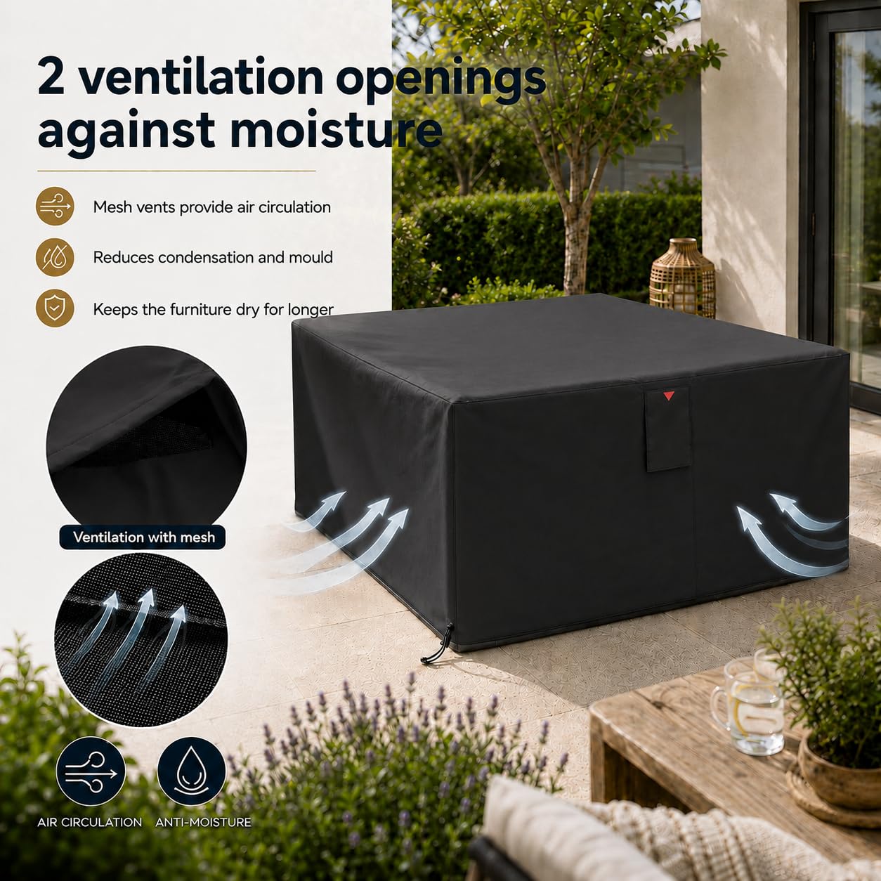 HOME It Garden Housse salon de jardin 235×180×95 cm - Oxford 600D enduit PVC, imperméable, protection UV, 2 aérations, fermeture éclair & cordon, noir