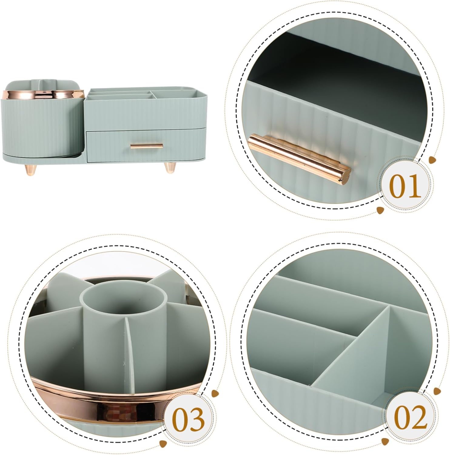 Rotating Makeup Brush Holder with Drawer Multi-compartment Makeup Organizer for Vanity Easy Access Cosmetic Display Case Light Blue