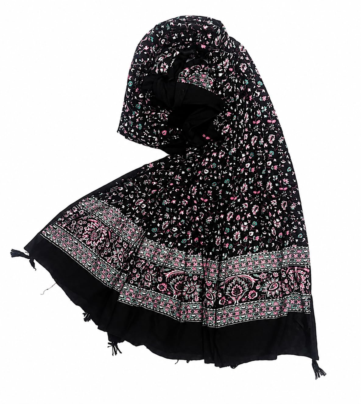 Women's Black Floral Printed Cotton Blend Dupatta with Tassels-image-20