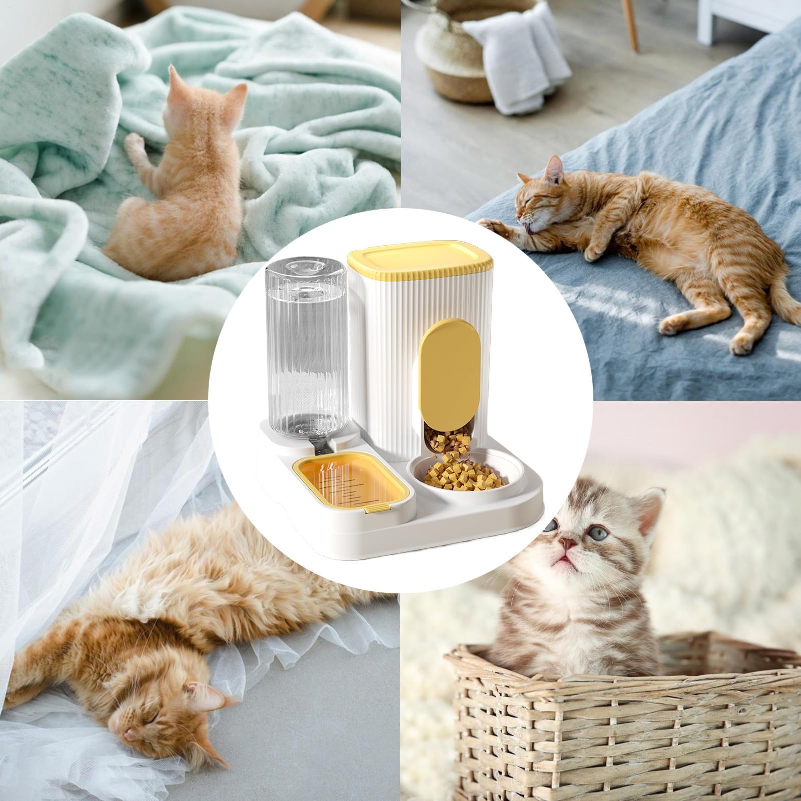 comedero automático para Gatos, Comedero 2 en 1 de Gran Capacidad con Cuenco extraíble for Razas pequeñas, Medianas y Grandes(Yellow)