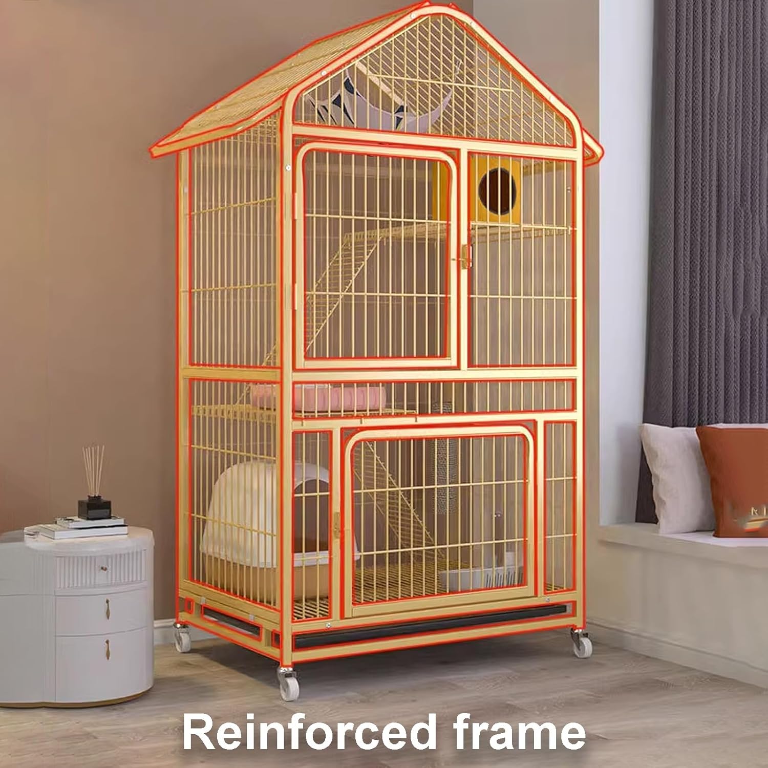 Yellow Cat Cage, Cat Houses for Indoor Cats, Enclosed Cat Playpen, Cat Enclosure with Collision-Proof Lock and Universal Wheels for Small Animals(70x54x117cm)
