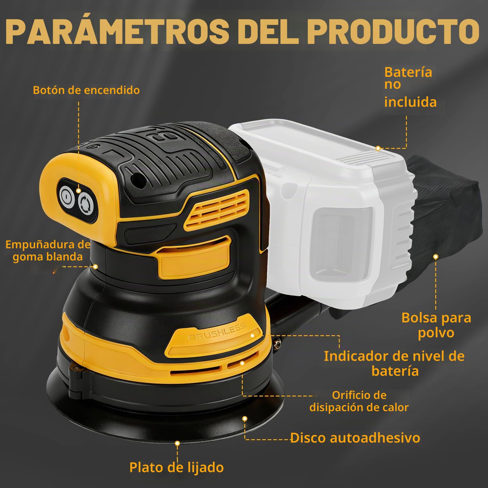 Lijadora Orbital Inalámbrica 125 mm para Dewalt 20V (sin Batería)
