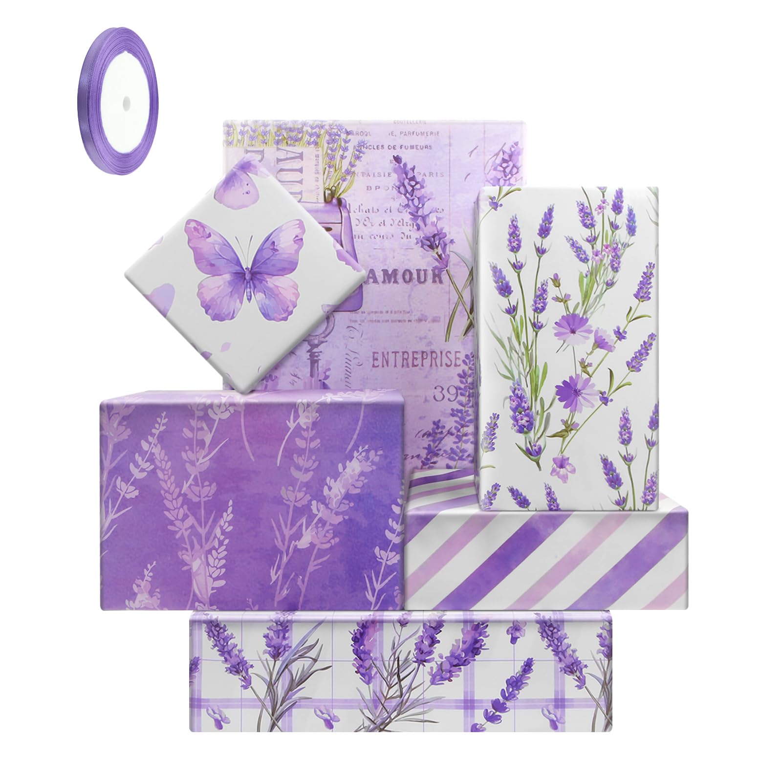 Purple Lavender Gift Wrapping Paper,6 Folded Flat Flower Butterfly Gift Wrap Paper Floral Stripes Wrapping Paper with Ribbon for Kids Bridal Shower Wedding Birthday Party Gift Wrap,20x28 inch
